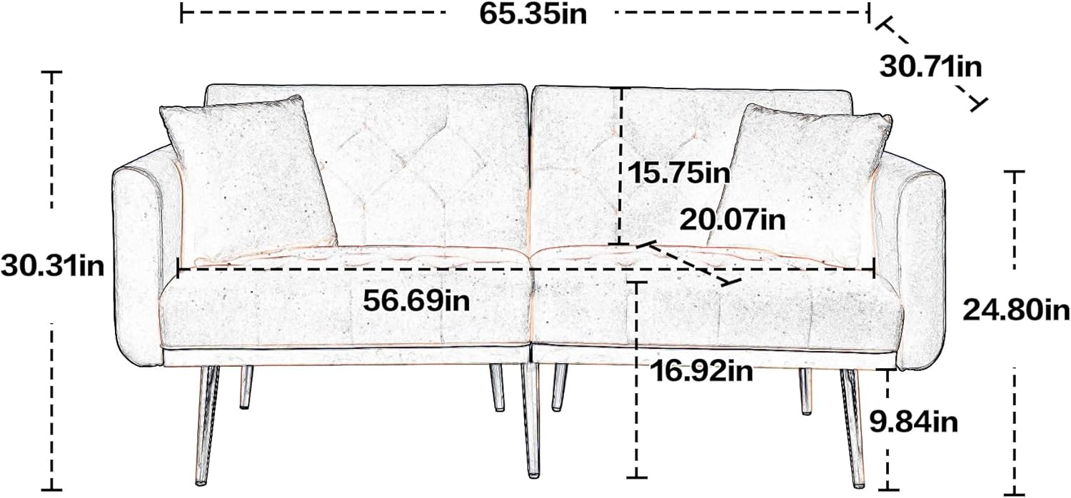 Kakotito Sofá biplaza de terciopelo moderno de mediados de siglo, sofá pequeño con 7 patas de metal dorado (beige)