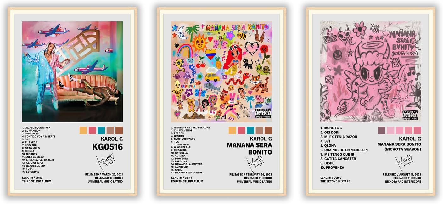 JINOS Karol G Poster A Set de 3 pósteres de lienzo para álbum, pintura decorativa, lienzo, pósteres de pared e impresión artística moderna para