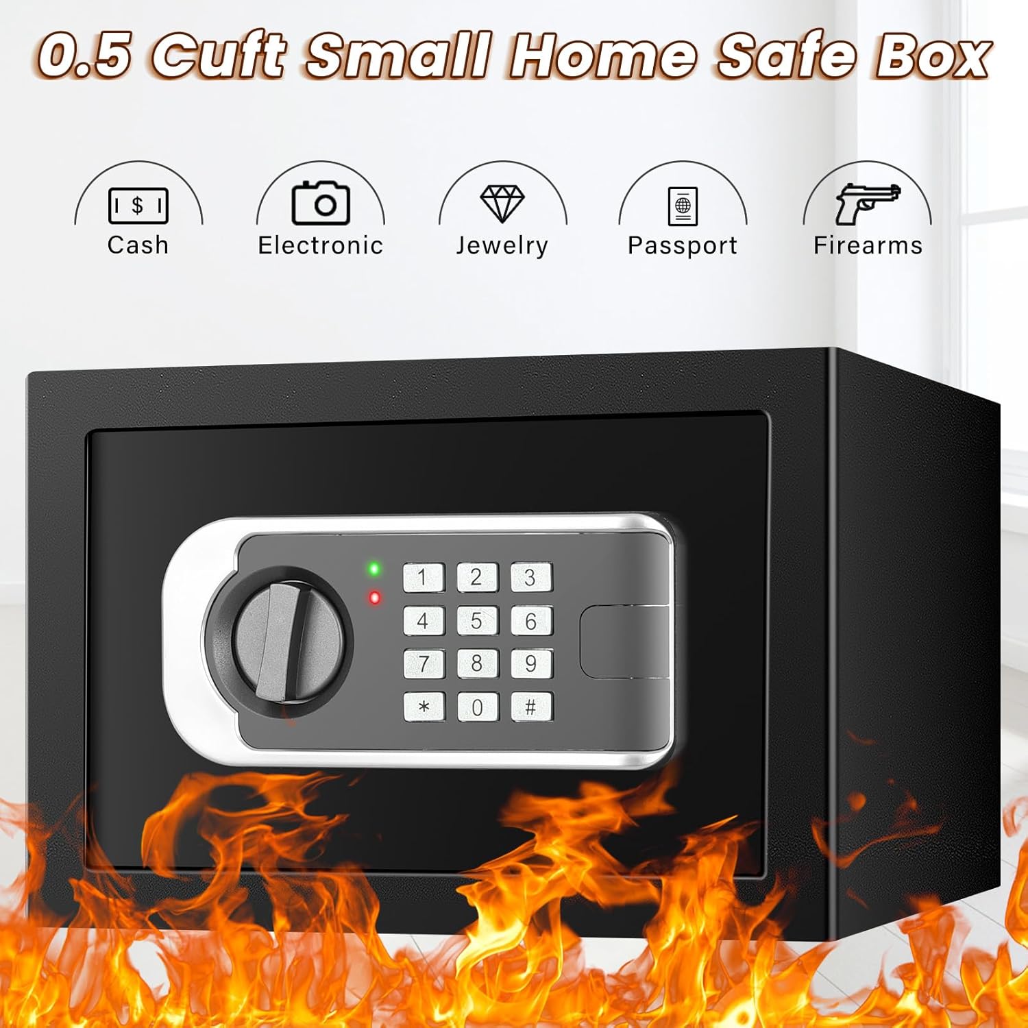 Caja fuerte ignífuga pequeña de 0.7 pies cúbicos para uso doméstico, caja de seguridad digital para el hogar con cerradura de combinación y teclas