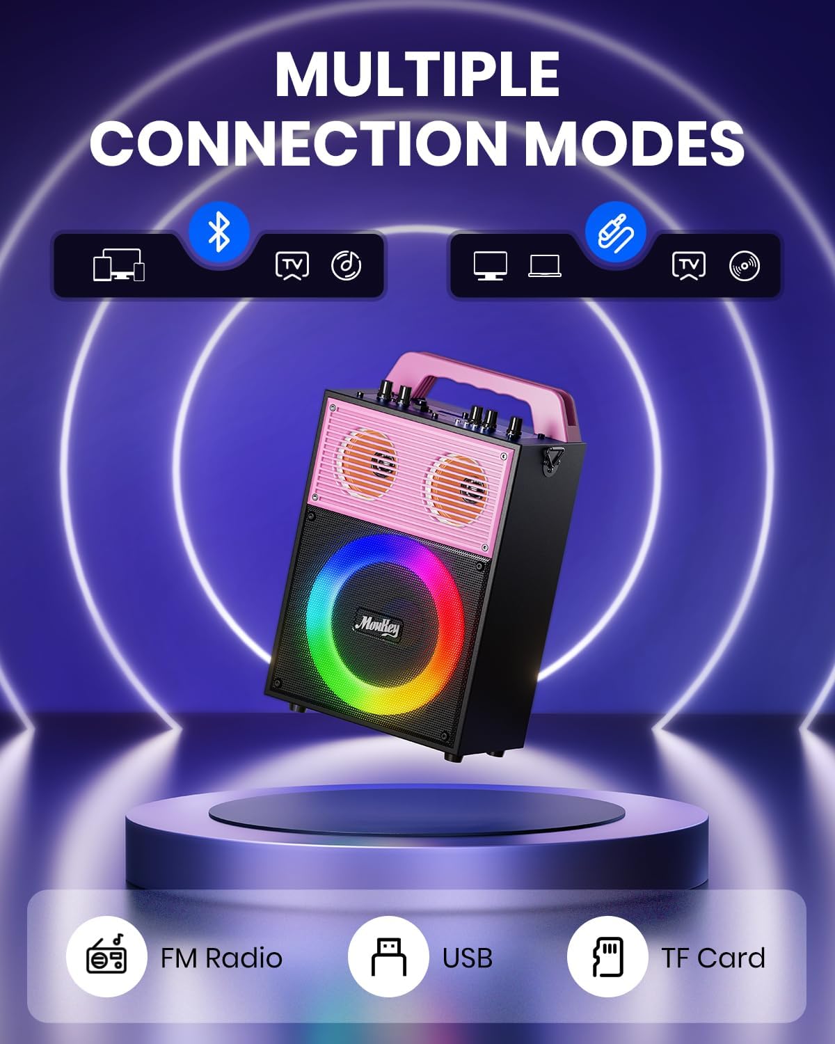 Moukey Máquina de karaoke para adultos y niños, sistema PA portátil, altavoz Bluetooth para fiesta con 2 micrófonos inalámbricos y luz de disco