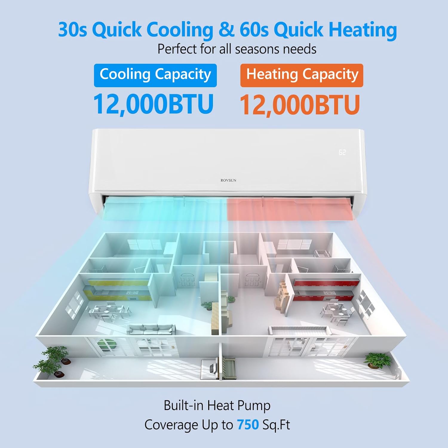 ROVSUN Sistema de calefacción mini split de 12,000 BTU habilitado para WIFI de 22 SEER con inversor, sistema dividido sin conductos de 115 V con