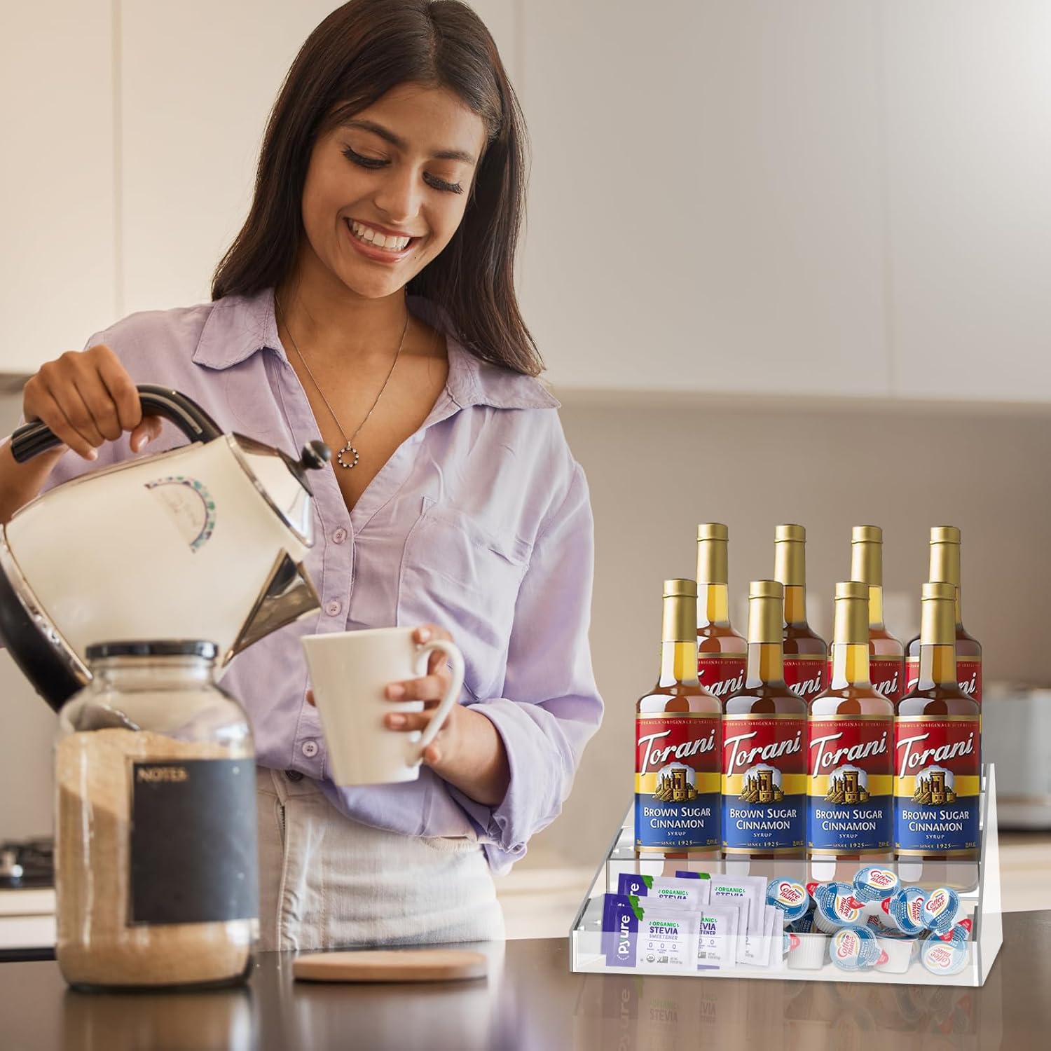 Organizador acrílico para jarabe de café, 3 niveles para 12 botellas, soporte para jarabe de café, accesorios de barra de café y organizador para