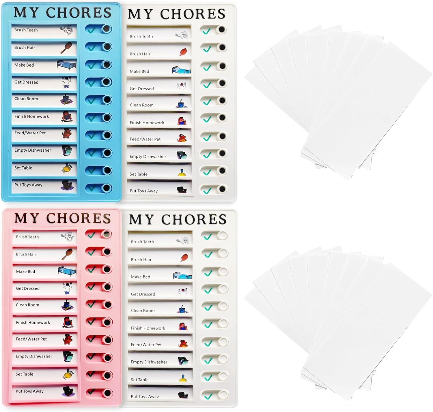 Tabla de tareas, tabla de tareas de 4 piezas para niños, tabla de tareas para niños, varios niños con 20 carstock desmontables en blanco para lista
