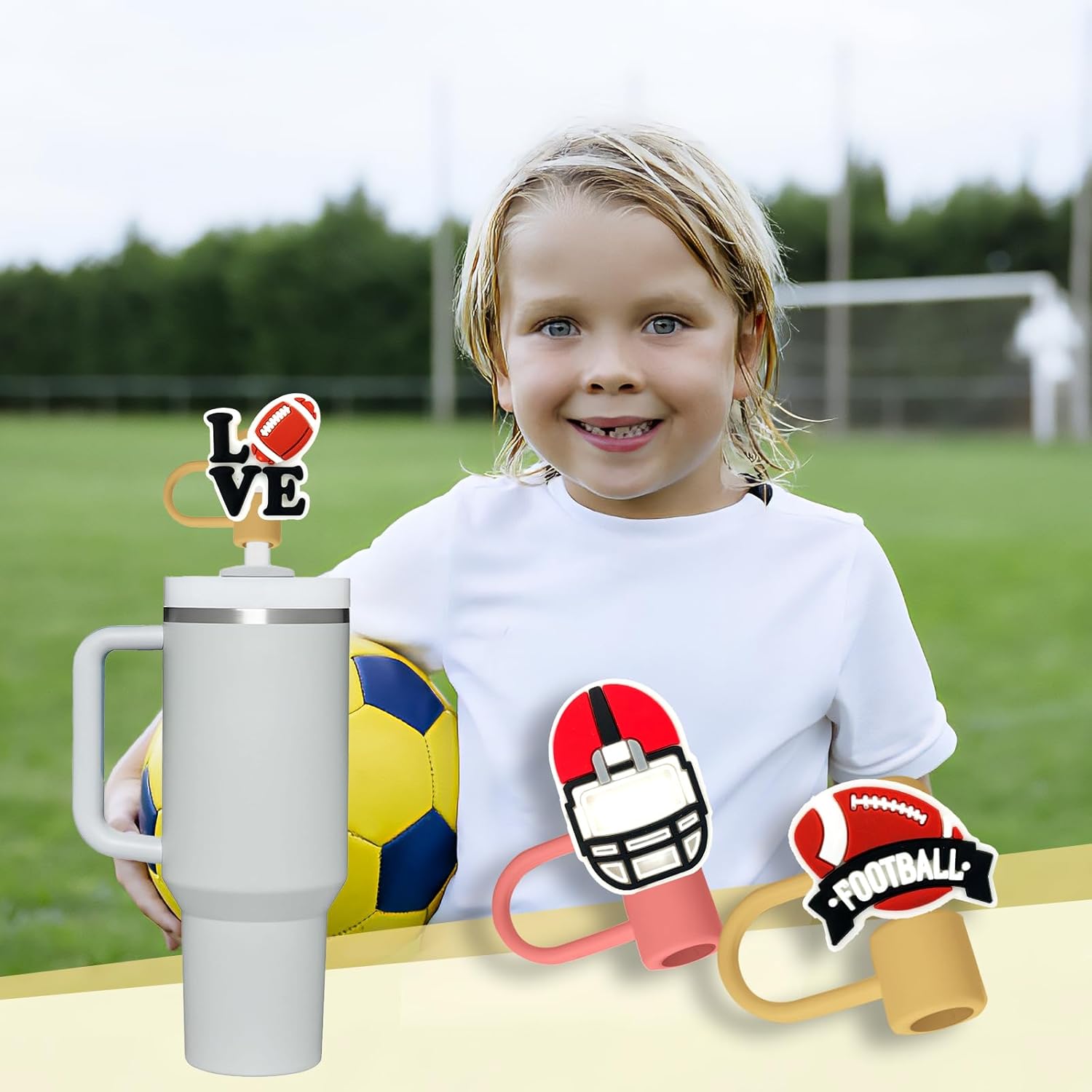 10 vasos con popote de fútbol para vaso Stanley, 2564 pulgadas, protectores reutilizables, tapas para accesorios de copa (10 unidades de fútbol de