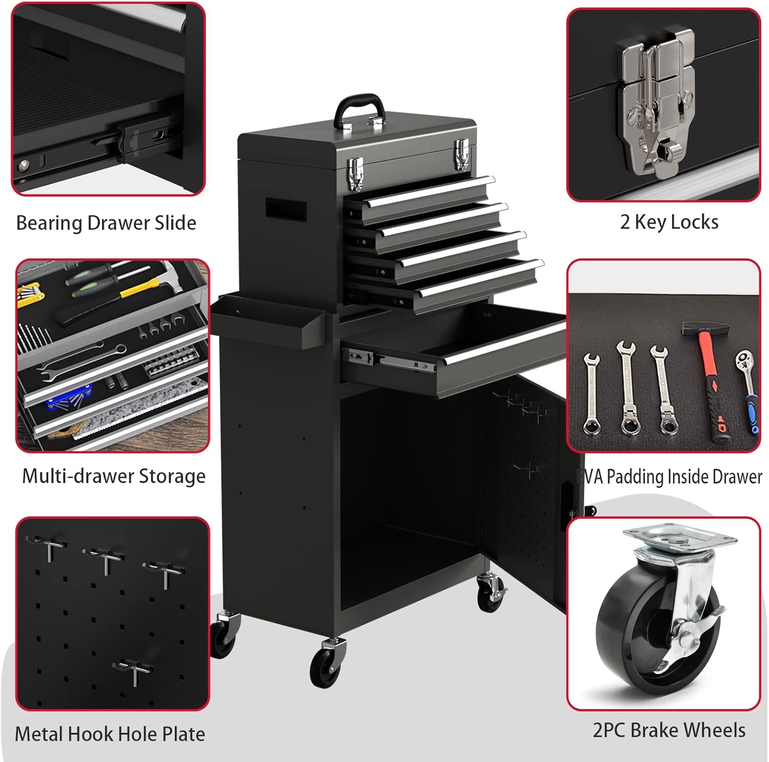 Cofre de herramientas con ruedas de 5 cajones, caja de herramientas con ruedas y gabinete de almacenamiento de herramientas de metal de gran
