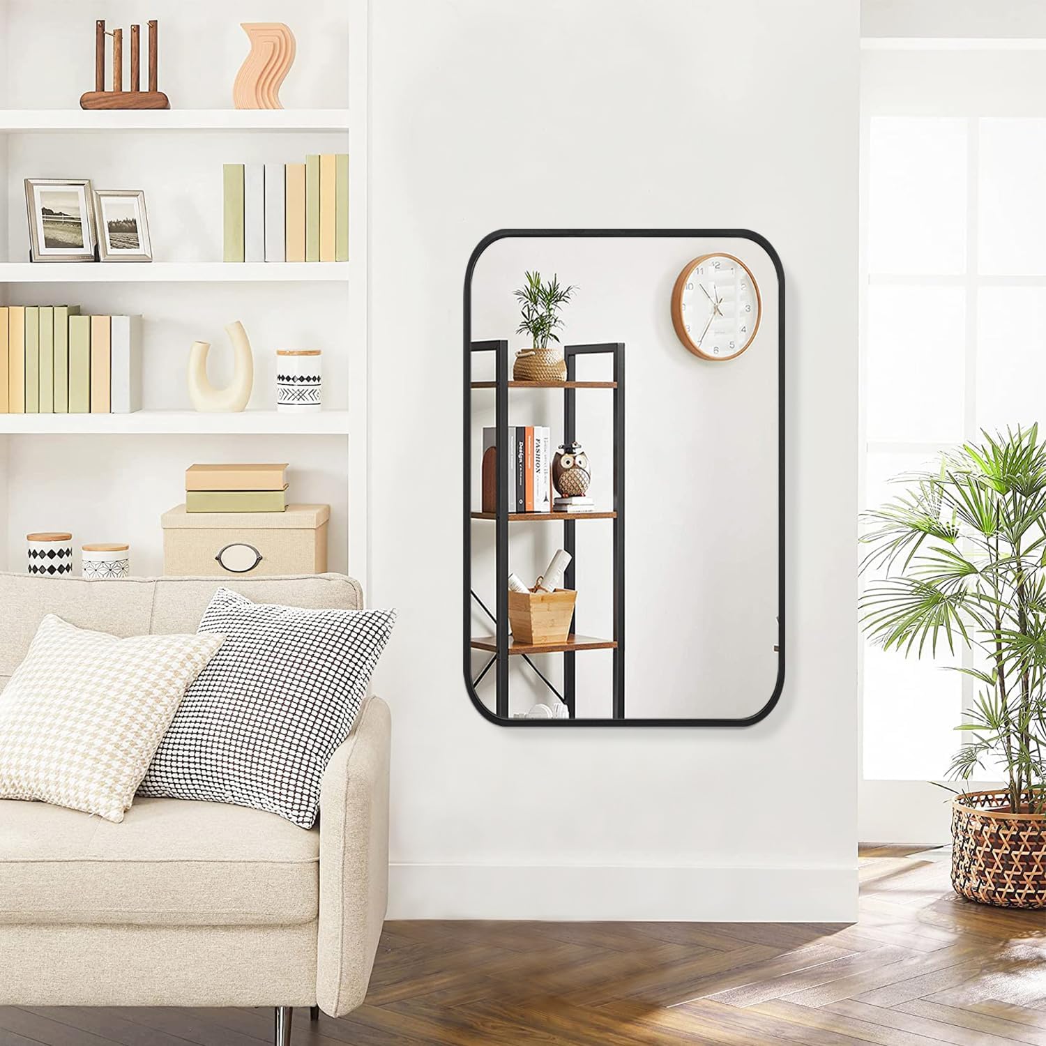 Espejo de baño grande con marco de metal para pared, rectángulo redondeado que se cuelga horizontal o verticalmente, espejo para baño, tocador,