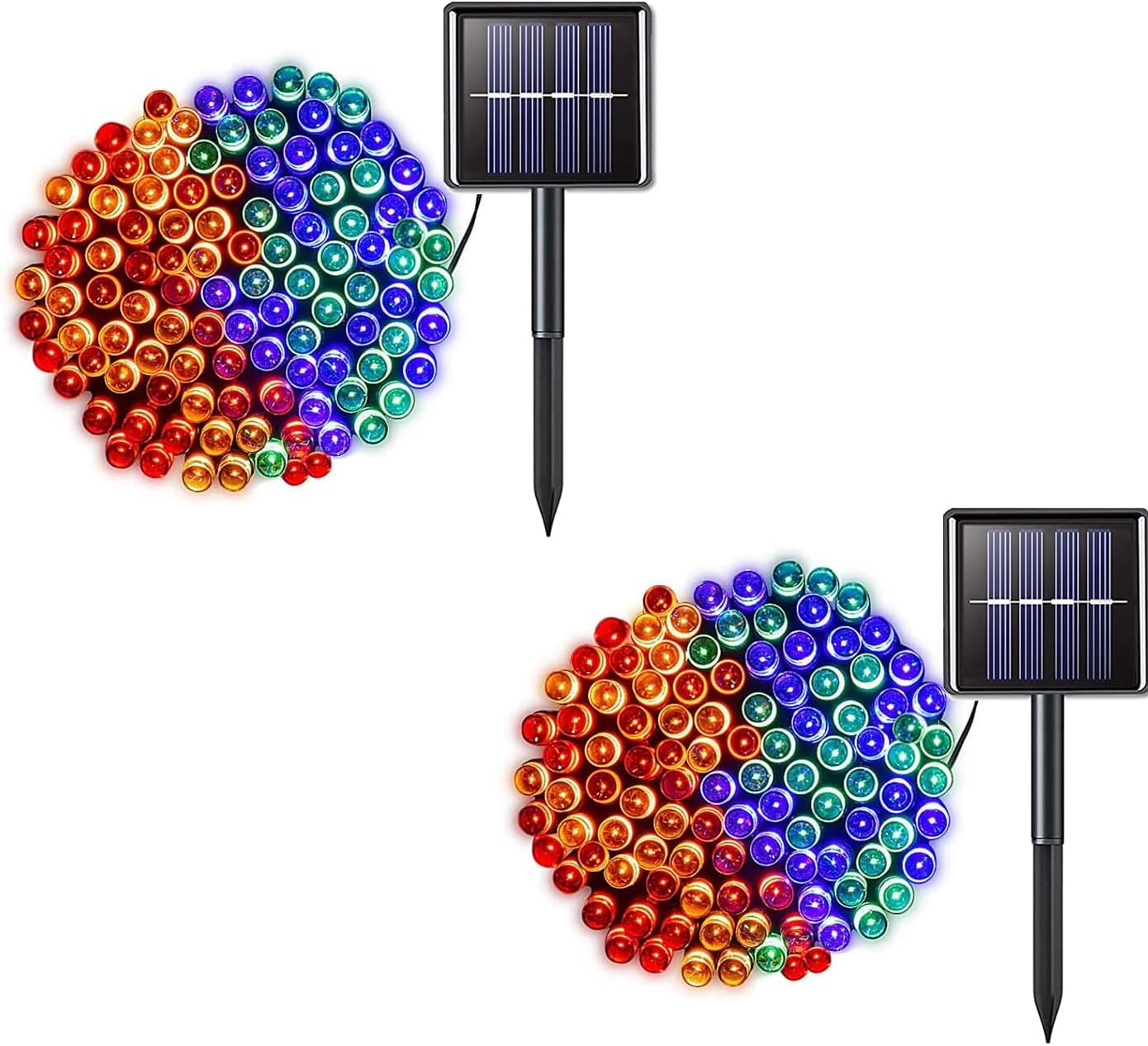 Paquete de 2 tiras de luces solares, 8 modos de 42 pies, 100 luces LED impermeables para jardín, árbol, patio, Navidad, boda, fiesta (multicolor)