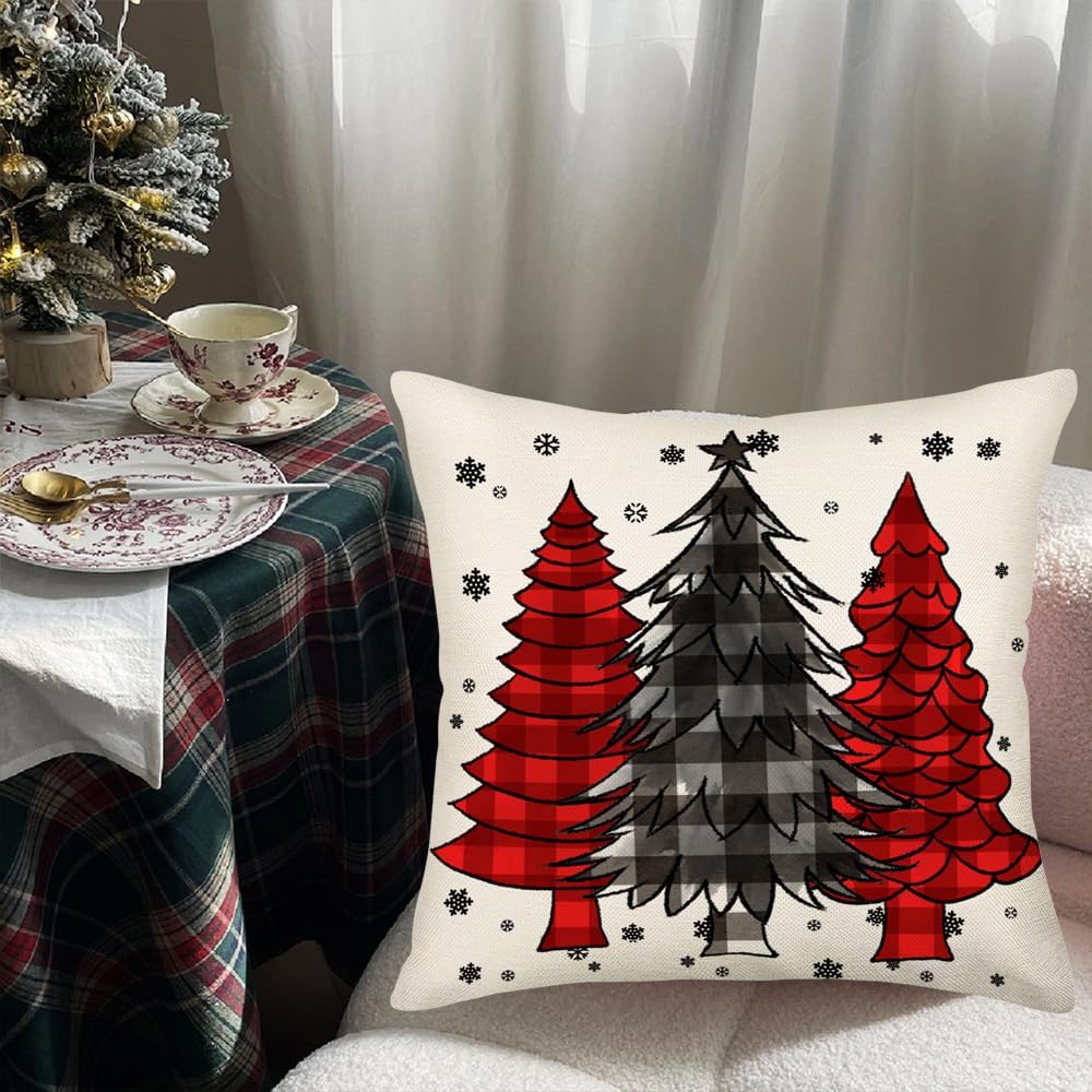Fundas de almohada decorativas para árbol de Navidad de 20 x 20 pulgadas, color rojo y negro, a cuadros, copos de nieve, funda de almohada