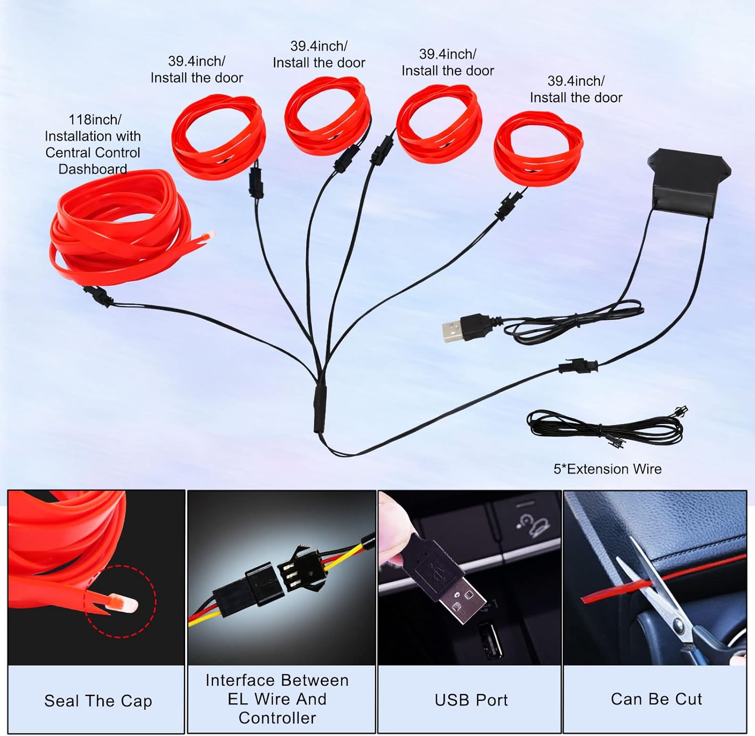 EL Wire Interior Car LED Strip Lights, FICOLPO 5 in 1 23FT USB Auto Neon Wire Lights with 6mm Sewing Edge- Glowing Electroluminescent Wire, Ambient