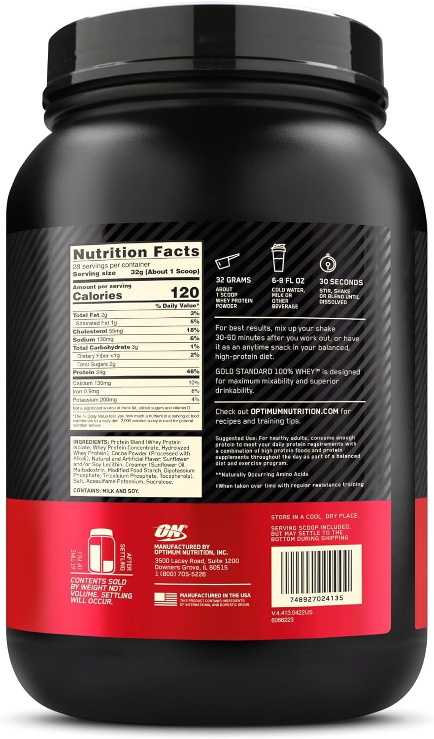 Optimum Nutrition (ON) Gold Standard 100% proteína de suero en polvo aislado de fuente primaria, 0.91 onzas de proteína para apoyo y recuperación