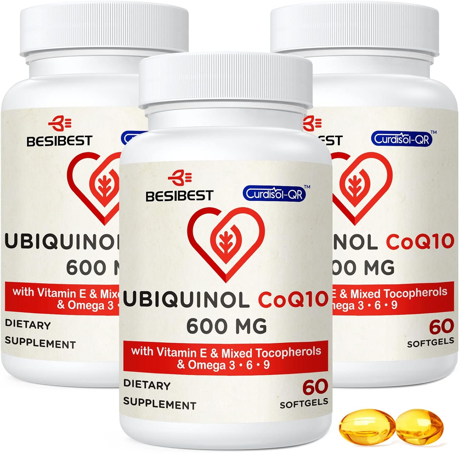 Ubiquinol CoQ10-600mg-Softgel, suplemento activo de ubiquinol Coq10 con vitamina E y Omega 3, 6, 9, alta absorción, coenzima Q10, potente