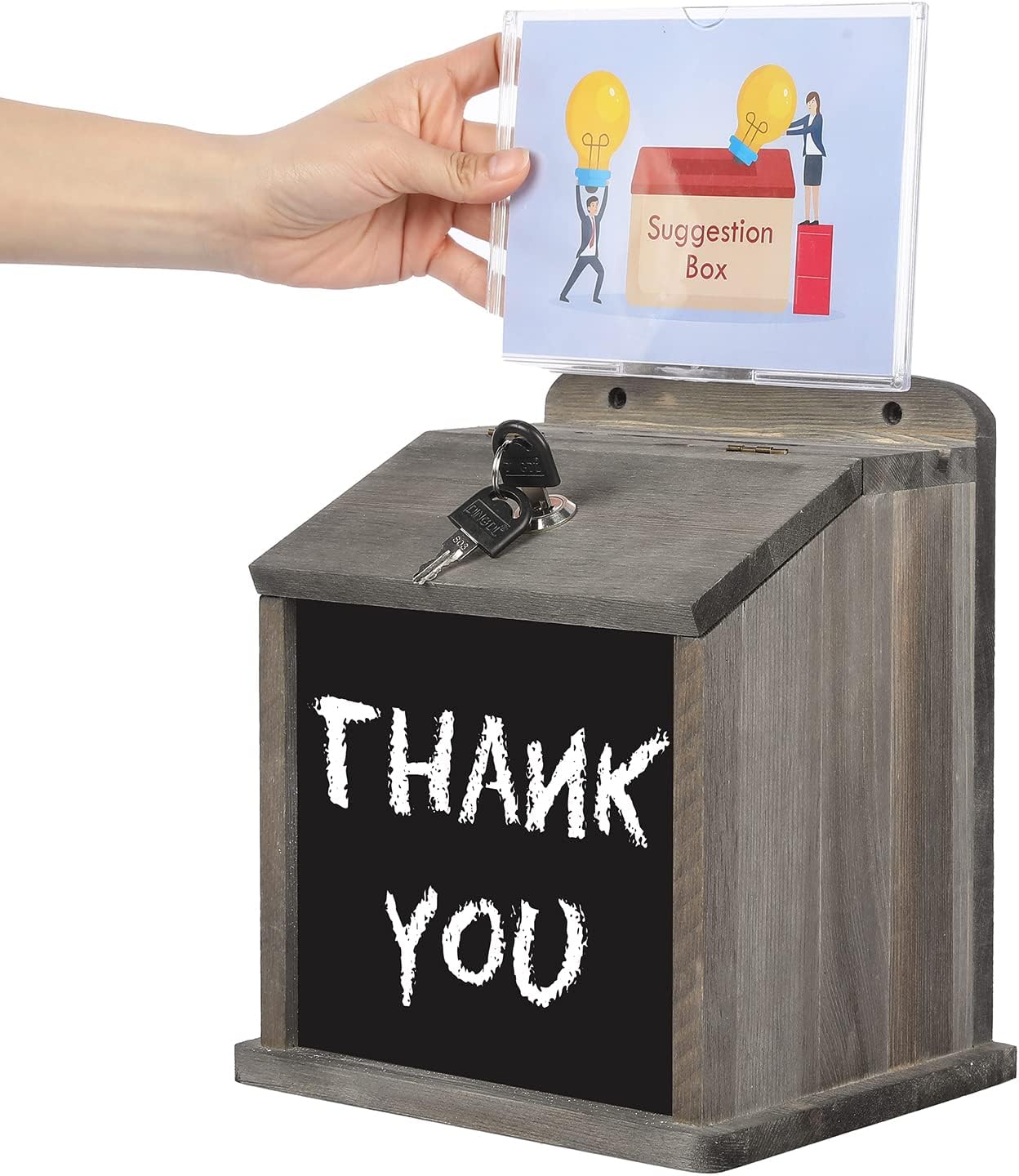 MyGift Weathered Gray – Caja de sugerencias de candado de madera maciza, punta de restaurante, colección de cajas de donación de recaudación de