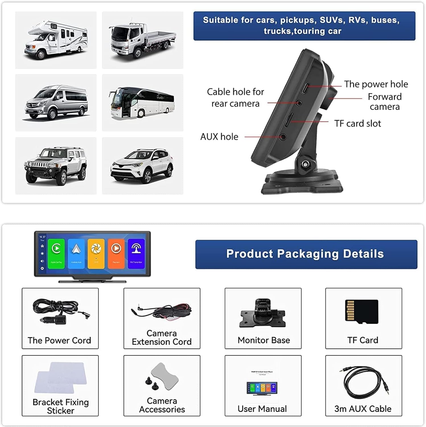Estéreo de coche inalámbrico portátil Carplay con cámara de tablero de 2.5 K de 9.3 pulgadas, pantalla táctil Android Auto, grabación en bucle