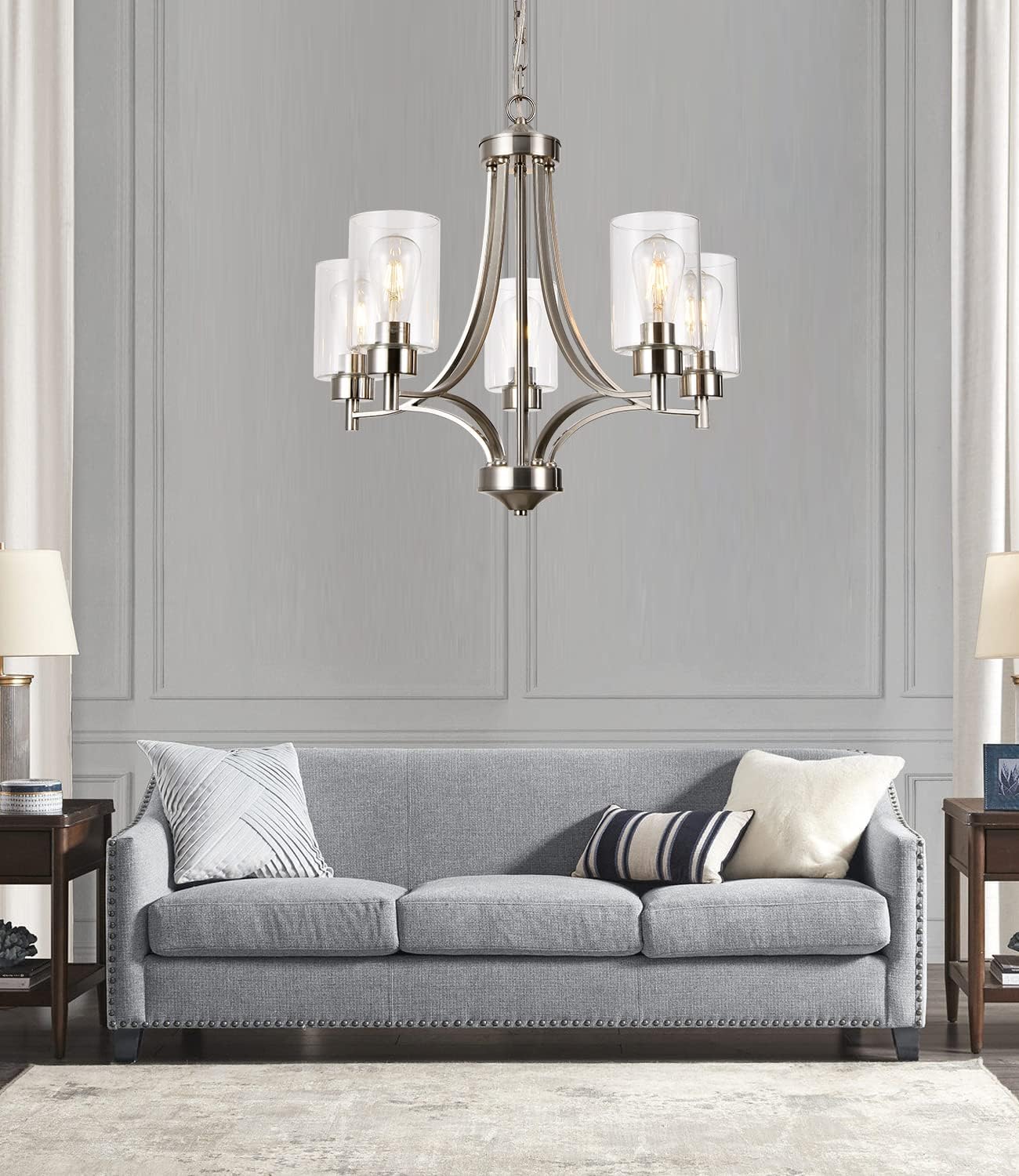 BOZO Moderno candelabro de 5 luces de níquel cepillado para comedor con pantalla de vidrio transparente colgante de techo para cocina pasillo