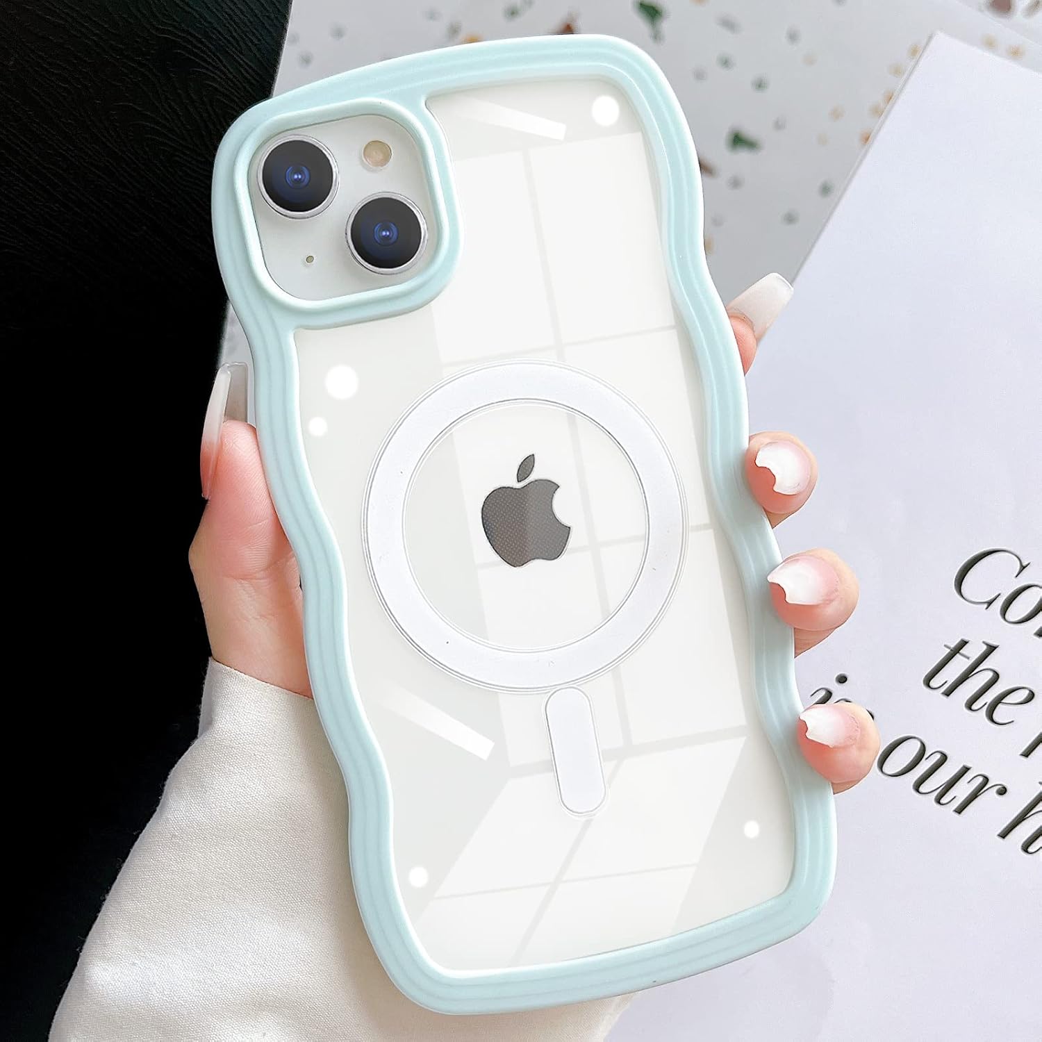 Skyseaco Funda para iPhone 14, compatible con MagSafe, bonita forma de marco de onda rizada, a prueba de golpes, suave funda magnética para mujeres