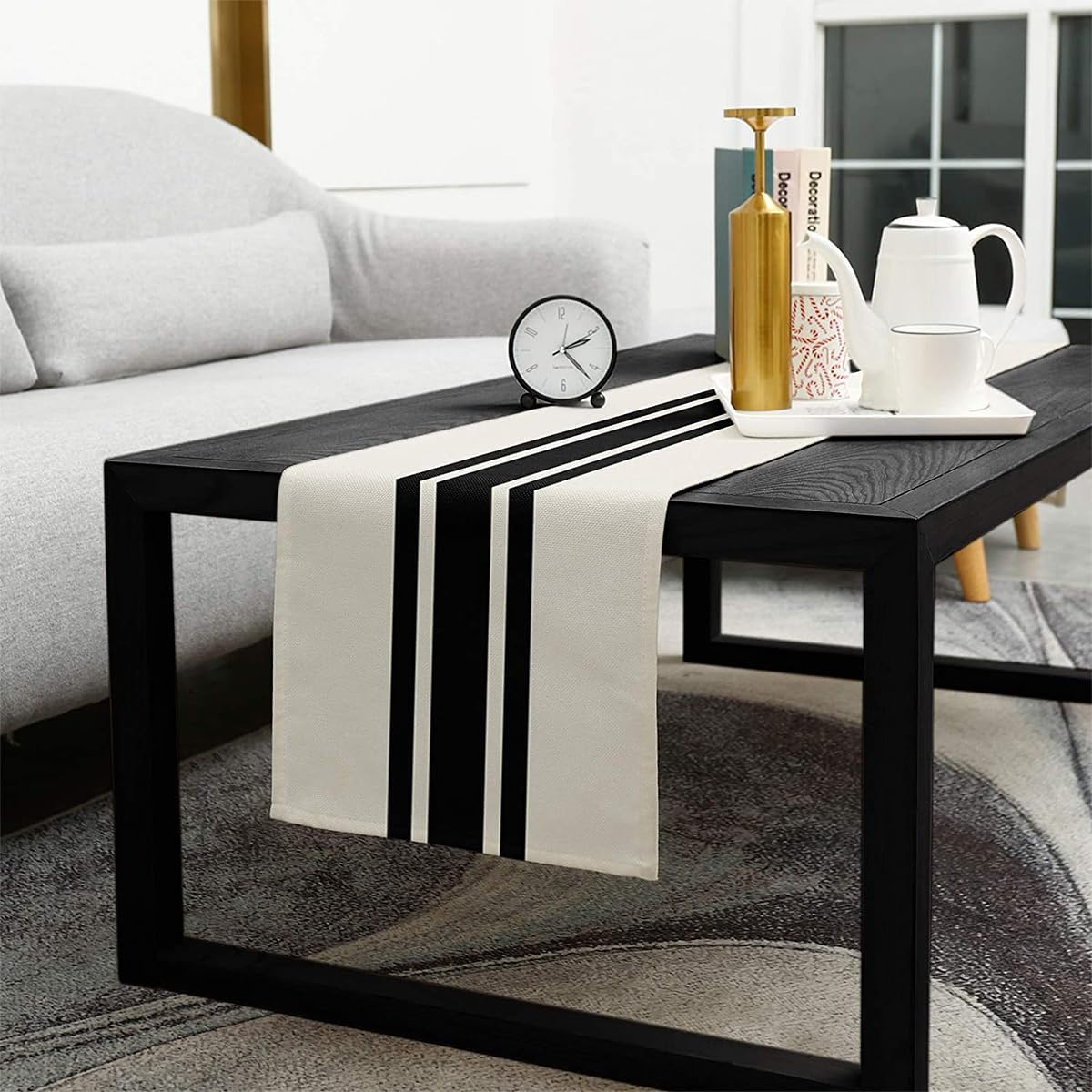 Camino de mesa, moderno camino de mesa de granja, camino de mesa a rayas negras y beige para mesa de comedor rústica bohemia (rayas negras12 x 72