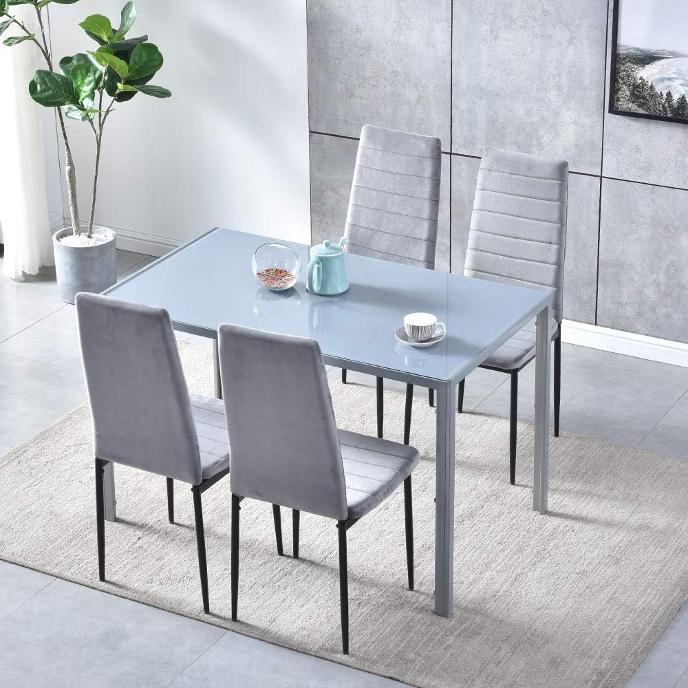 Mesa de comedor de vidrio gris rectangular con patas de metal Marco de metal Mesa de cocina de vidrio para 4 personas (gris)