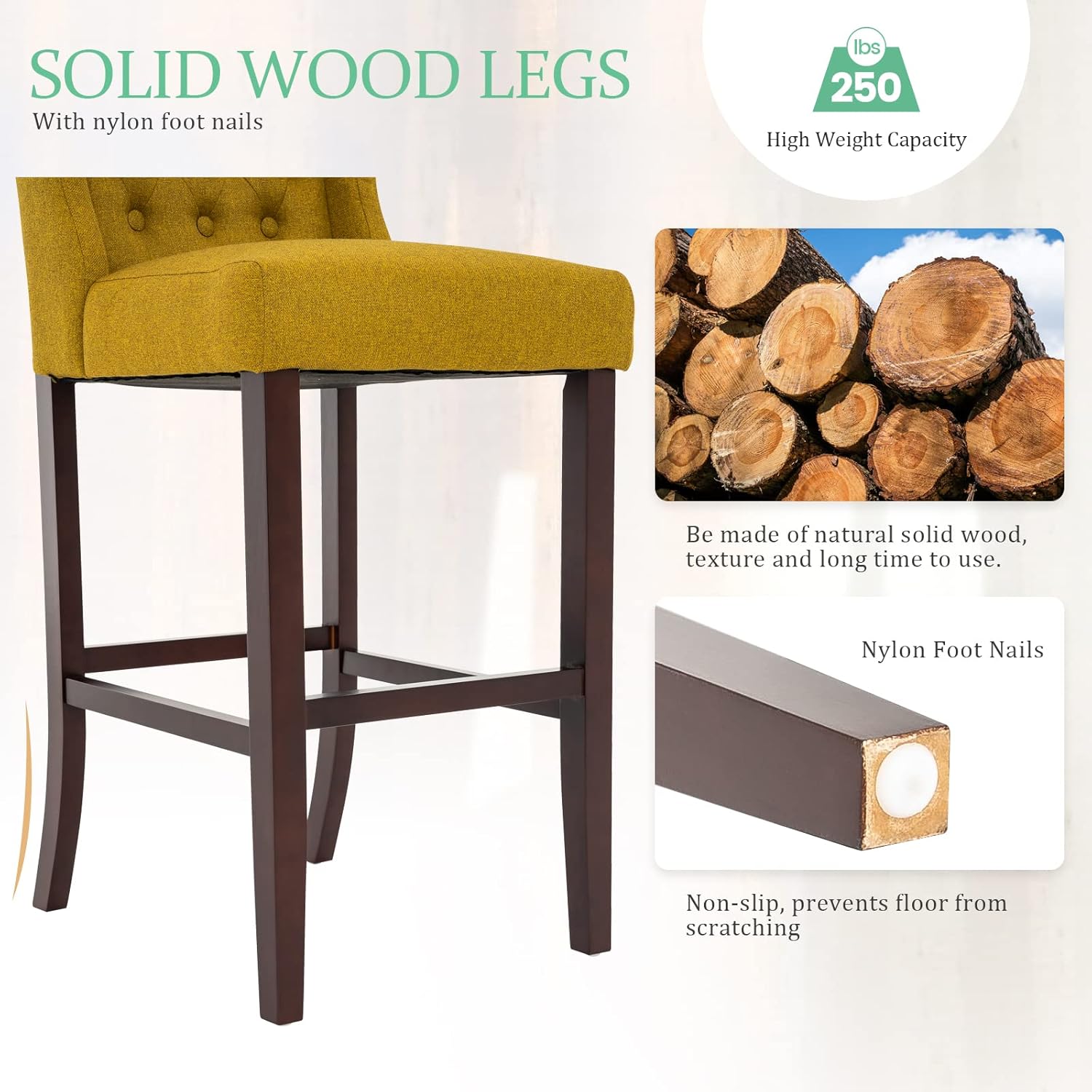 Brage Living Taburete de bar de 30 pulgadas, taburete de bar de tela de lino con botones y patas de madera maciza, silla de bar tapizada sin brazos