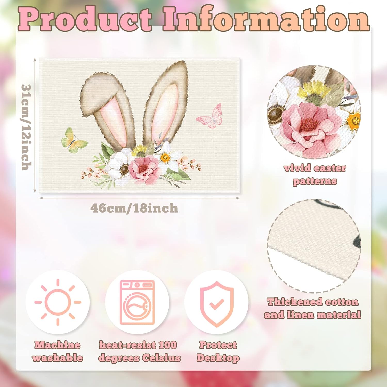 Juego de 4 manteles individuales con diseño de conejo de Pascua, 12 x 18 pulgadas, resistentes al calor, con diseño floral y diseño floral de