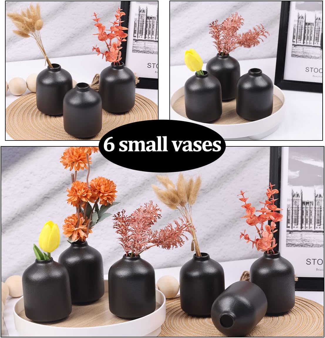 Paquete de 6 jarrones negros, modernos jarrones bohemios para flores secas, jarrones pequeños de cerámica negra para decoración del hogar, jarrones