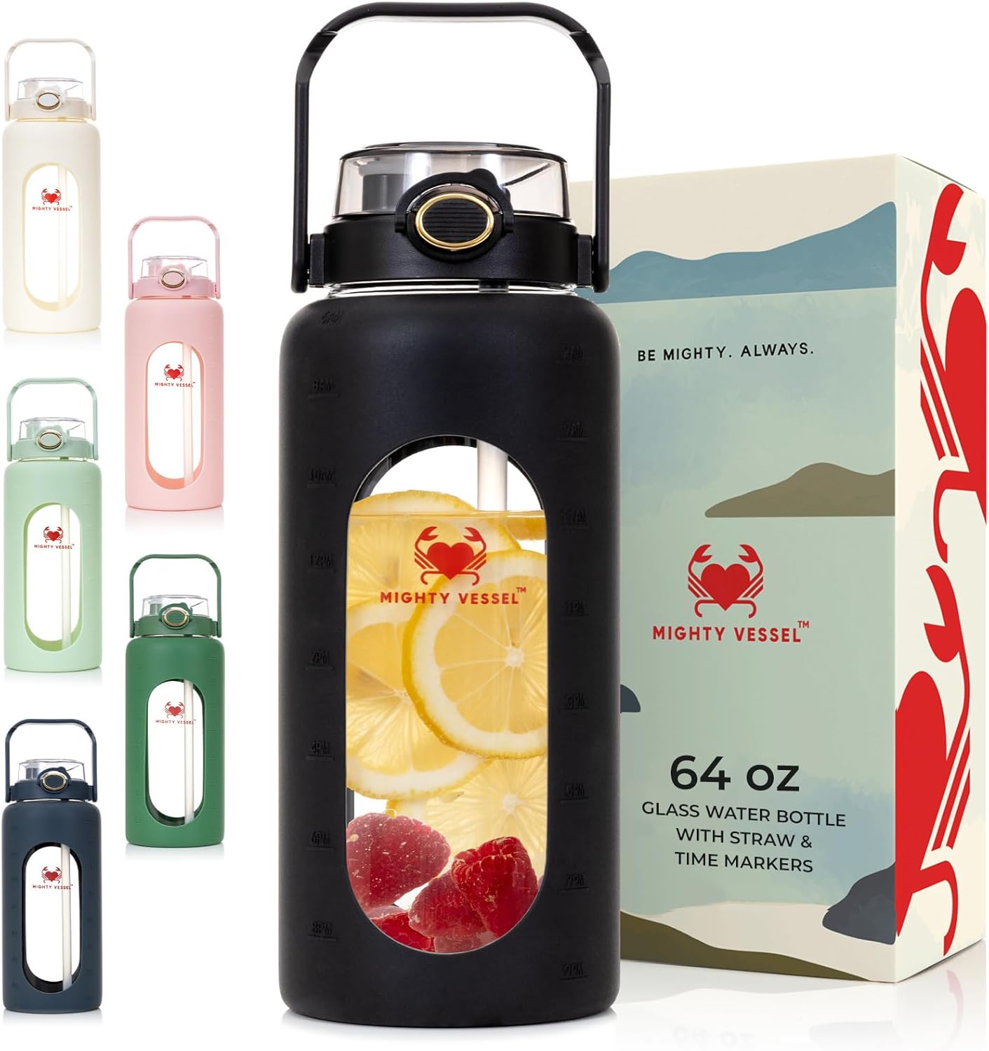 Botellas de agua de vidrio a prueba de fugas de 64 oz – Botella de agua de vidrio grande de borosilicato con popote y marcadores de tiempo – Botella