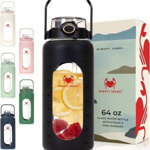 Botellas de agua de vidrio a prueba de fugas de 64 oz – Botella de agua de vidrio grande de borosilicato con popote y marcadores de tiempo – Botella Botellas de agua de vidrio a prueba de fugas de 64 oz – Botella de agua de vidrio grande de borosilicato con popote y marcadores de tiempo – Botella