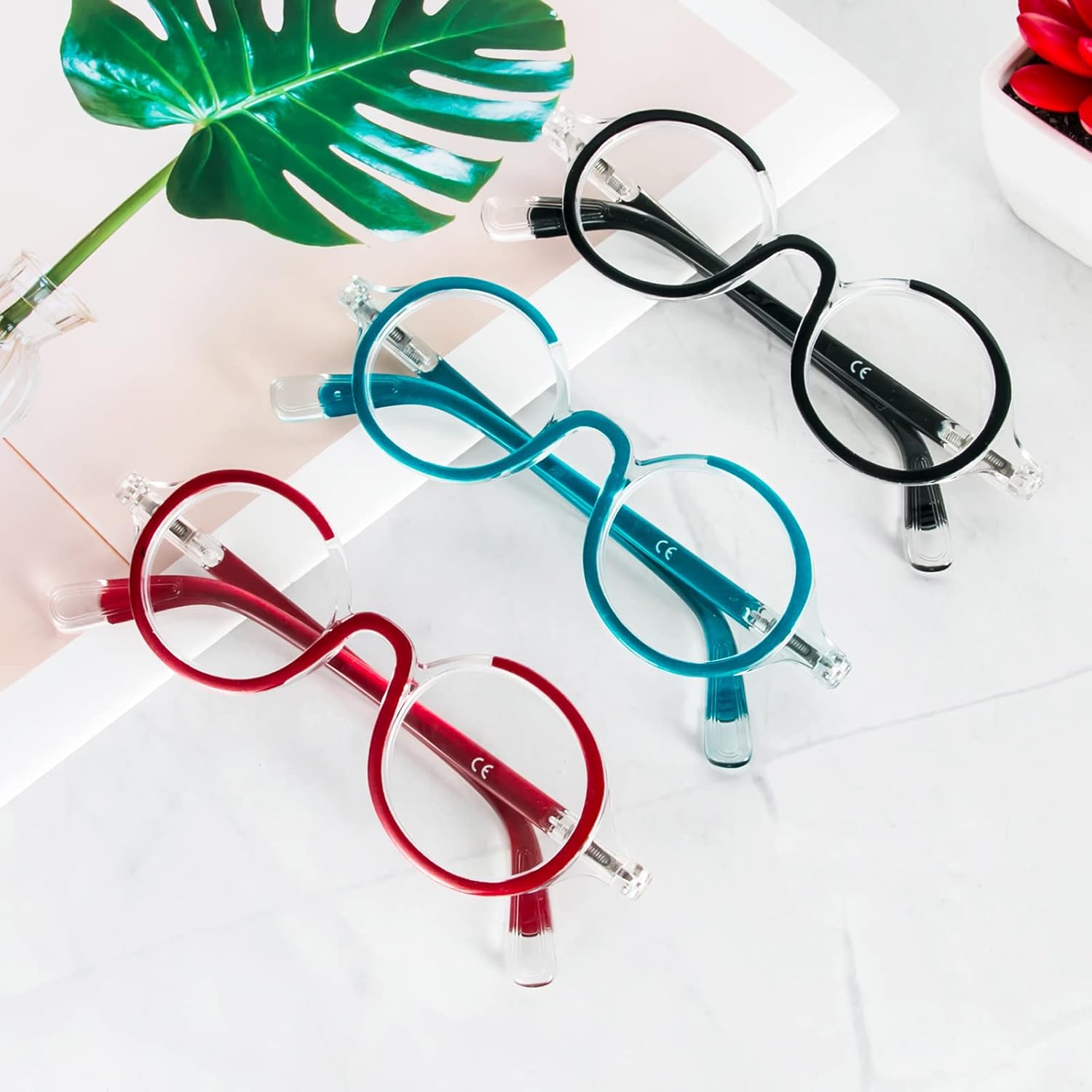 KoKoBin Paquete de 3 lentes de lectura redondos pequeños, cómodos lectores, marco elegante de colores para mujeres y hombres