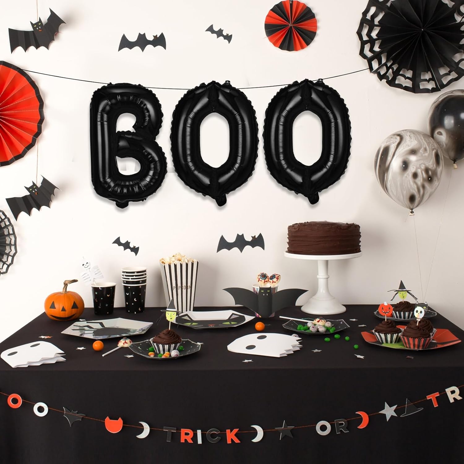 Globos de papel de aluminio de Halloween, juego de pancartas de globos negros para fiesta de Halloween, 16 pulgadas, kit de banderines para temática