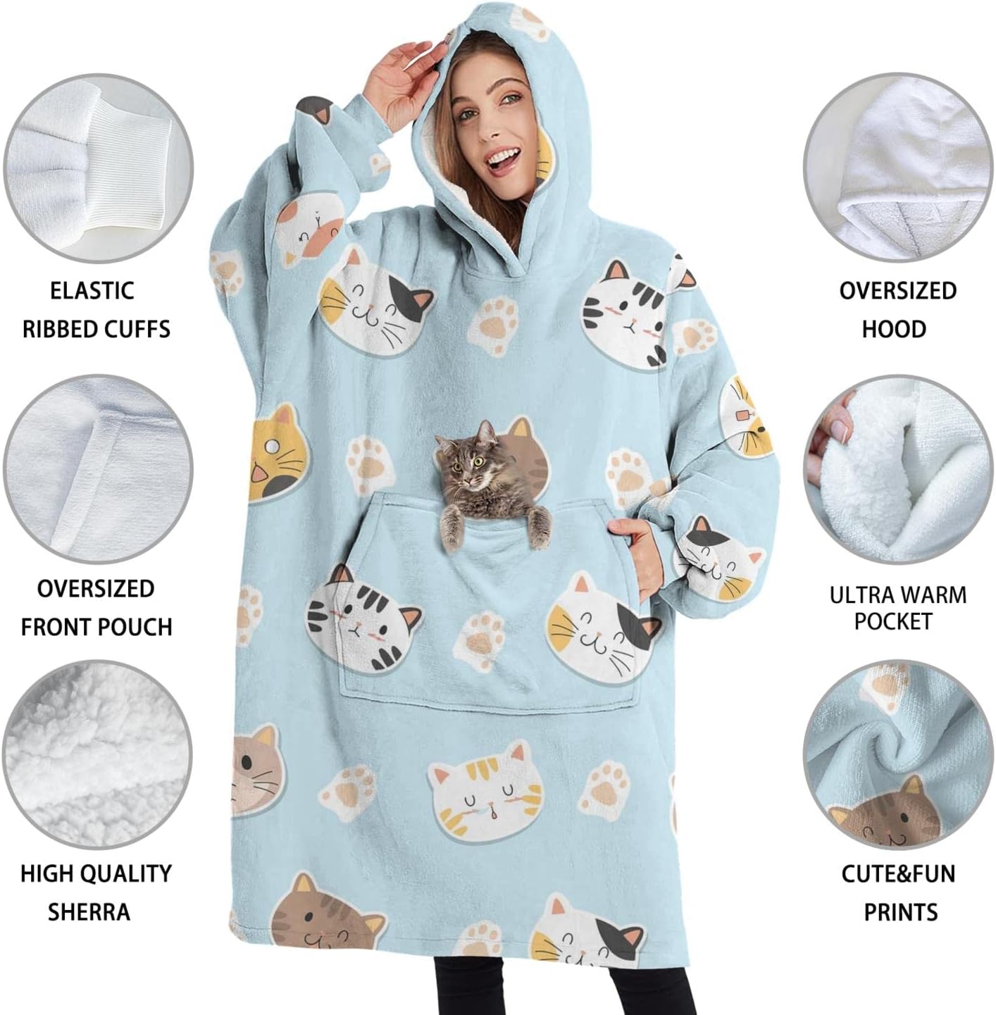 Manta de gran tamaño, manta Sherpa con capucha con súper bolsillos, suéter súper cálido y mullido para mujeres y hombres