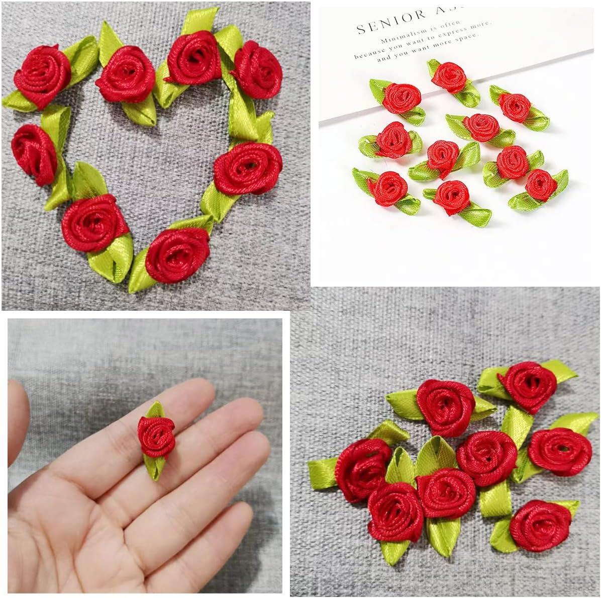 Mini rosas de cinta, 100 flores de tela artificial con hojas verdes, rosetas rojas, mini rosas de cinta para manualidades, costura, manualidades,