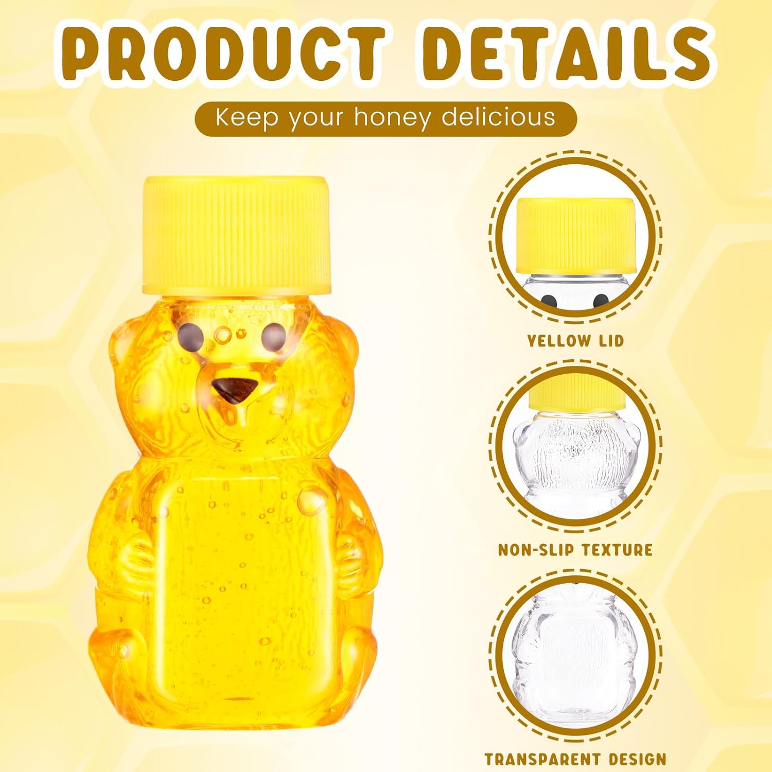 Patelai 96 botellas de plástico de 2 onzas con forma de oso de miel transparente con forma de oso, dispensador de miel vacío con tapa, tarros de