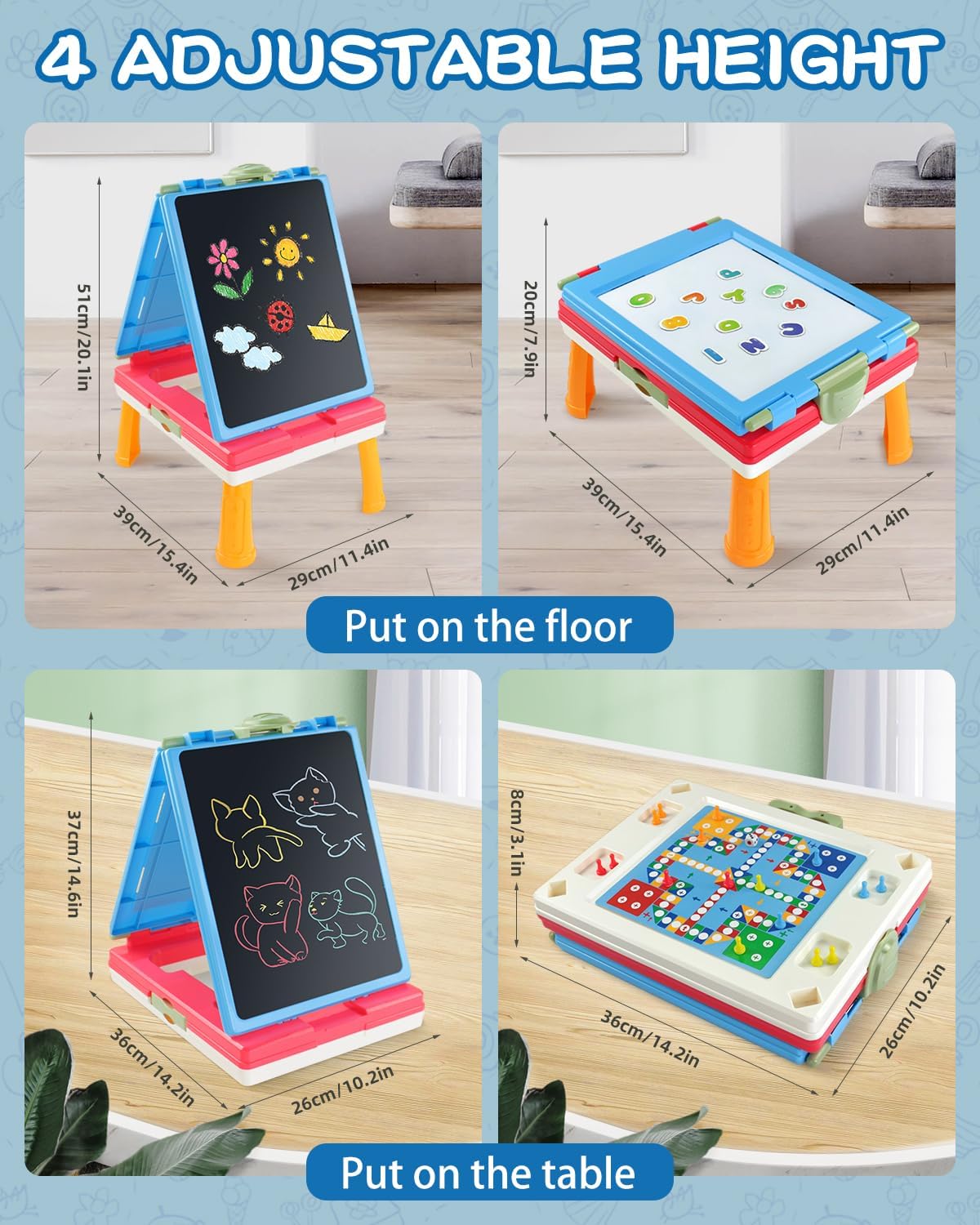 Caballete para niños, caballete de arte de doble cara 4 en 1 con pizarra y pizarra blanca magnética, caballete de mesa plegable para niños con
