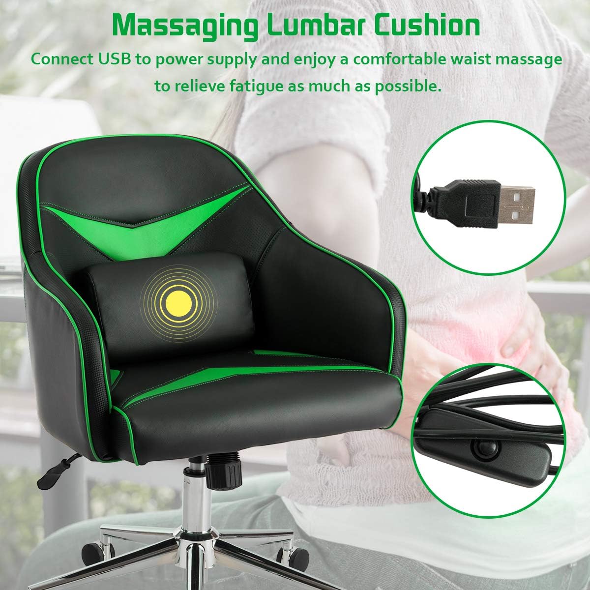 Giantex Silla de juegos de piel sintética, sillón de altura ajustable con respaldo medio con almohada lumbar de masaje, sillas de escritorio
