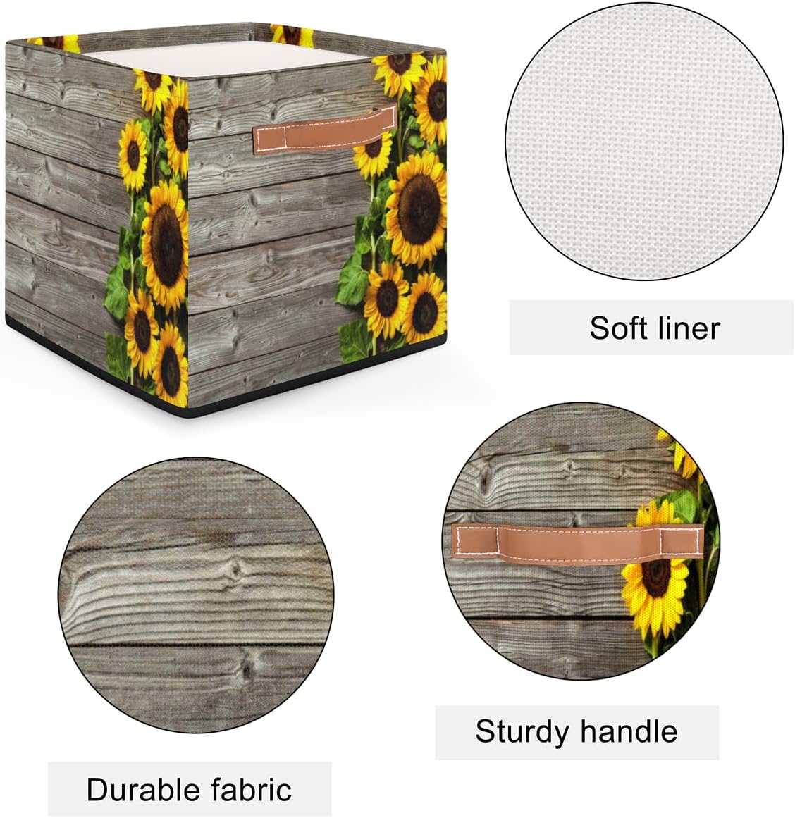 Aglebo Cesta de almacenamiento de girasol de madera, caja de almacenamiento plegable de tela de 13 x 13 x 13 pulgadas, cubos cuadrados con asas para
