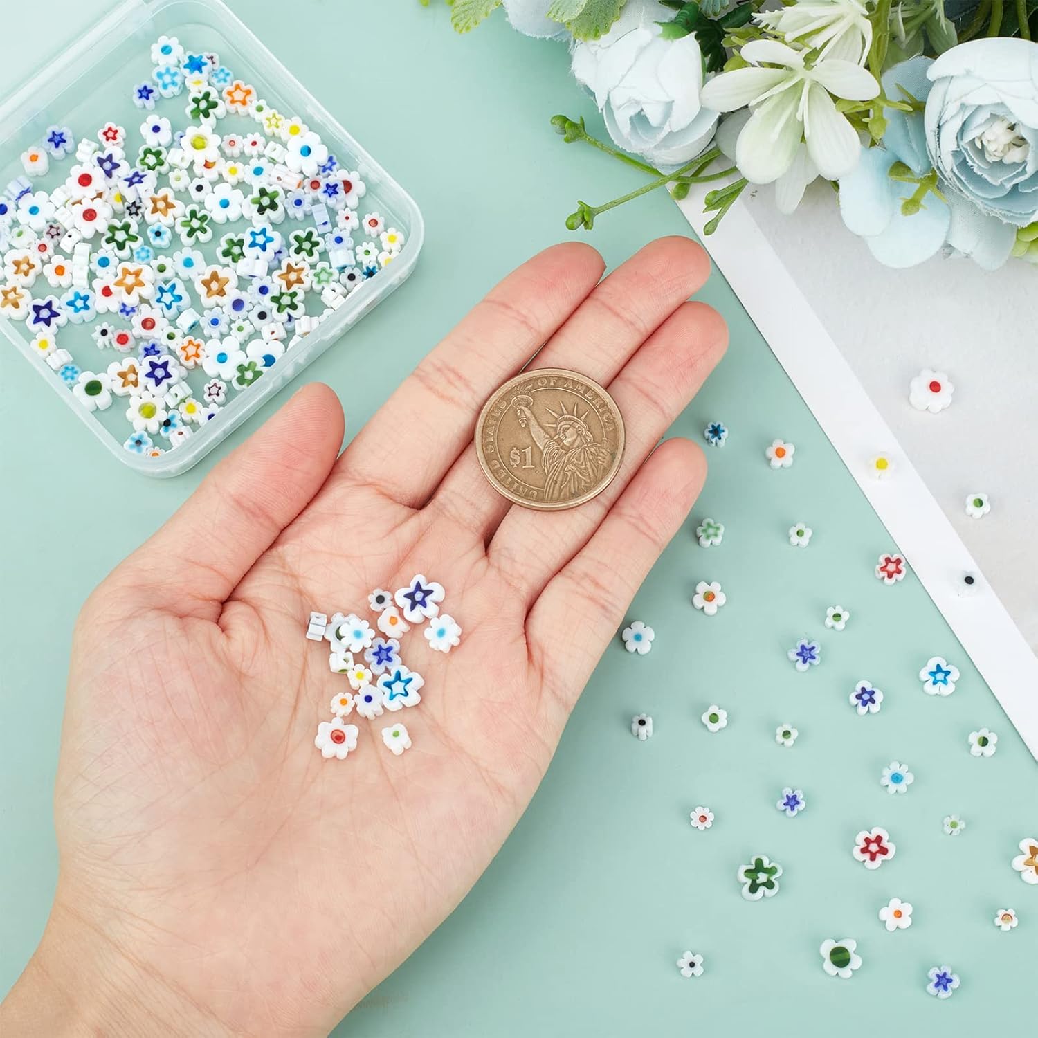 OLYCRAFT 236 cuentas de vidrio Millefiori hechas a mano, 3 estilos, cuentas de flores de vidrio blanco, cuentas de mosaico sueltas para joyería,