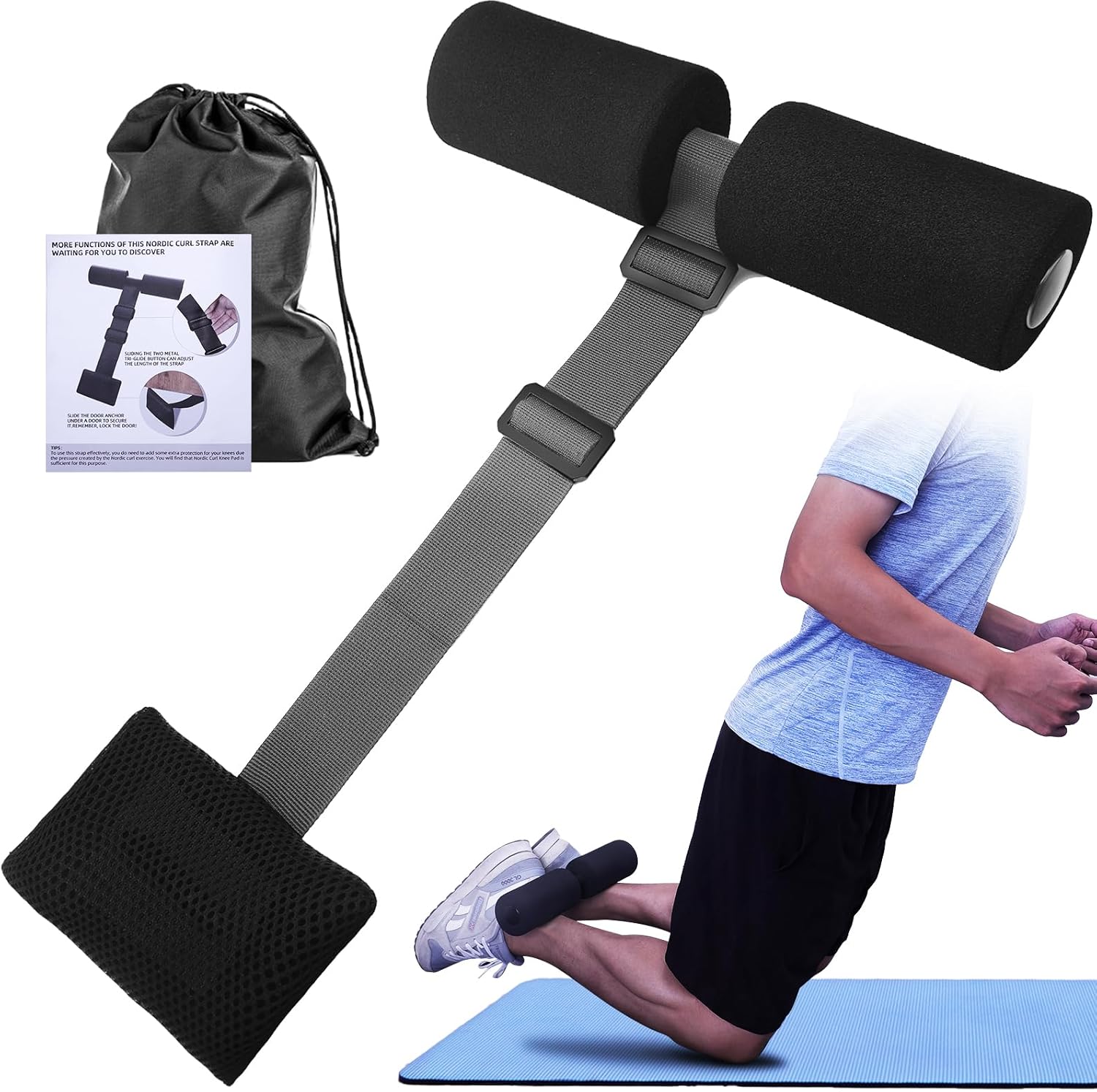 Nordic Hamstring Curl Strap – Home Fitness Equipment for Nordic Curl – Holds to 1000 pounds – 5 Seconds Setup Nordic Stick – Exercise Strap for