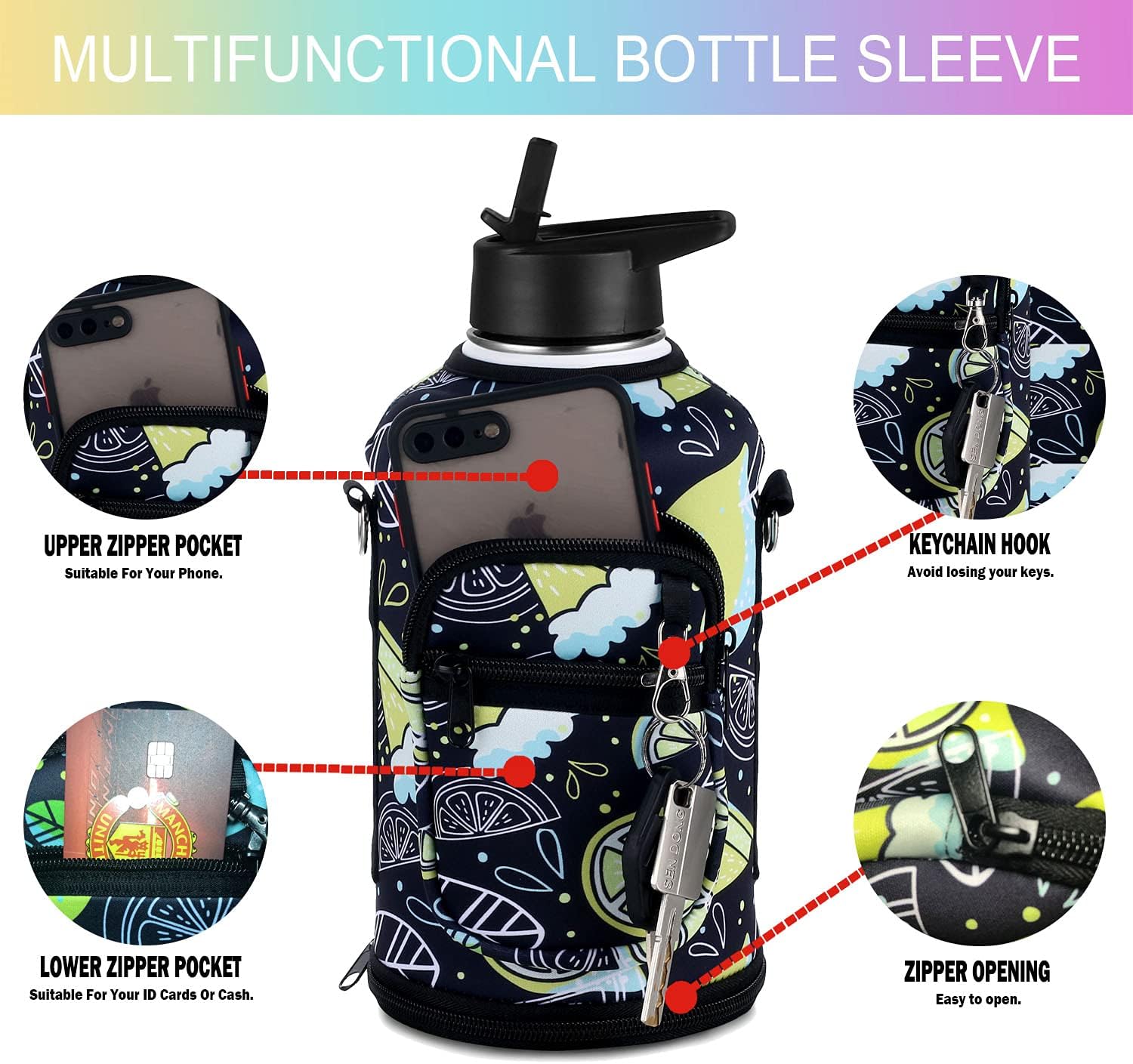 Jarra de agua grande de acero inoxidable de medio galón con popote, funda de almacenamiento y 2 tapas, botella de agua aislada de 64 onzas, boca