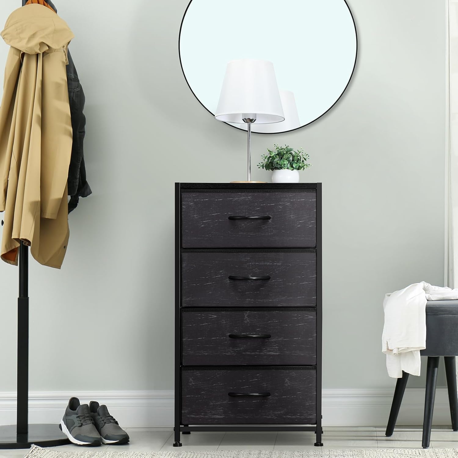 LIANTRAL Cómoda con 4 cajones, cómoda de tela para dormitorio, cómoda pequeña, marco de acero resistente y parte superior de madera, cajones de