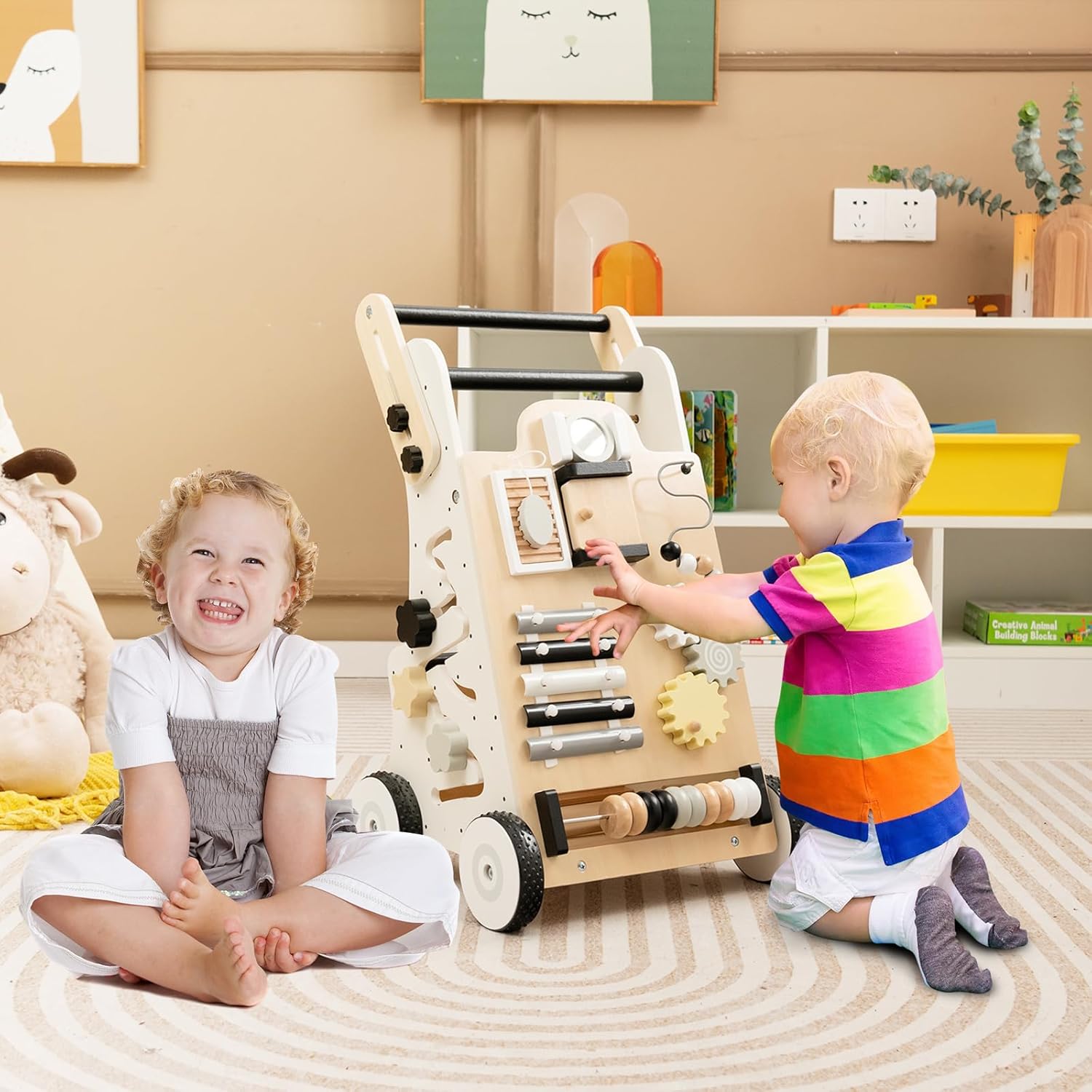 HONEY JOY Andador de empuje para bebés, centro de actividades de madera con asas ajustables, clasificador de formas, habilidades motoras y