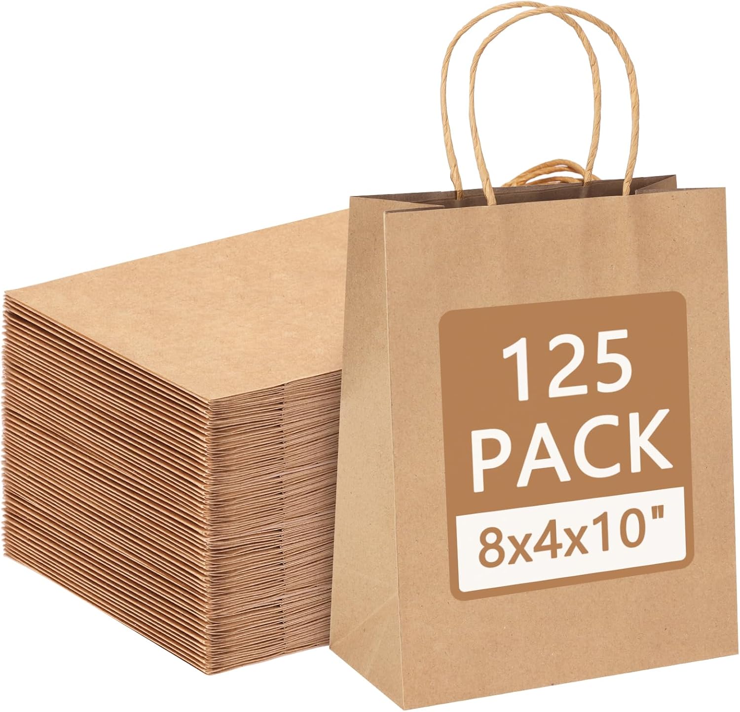 Moretoes 125 bolsas de papel con asas, bolsas de regalo de tamaño mediano de 8 x 4 x 10 pulgadas, bolsas de papel marrón para pequeñas empresas,
