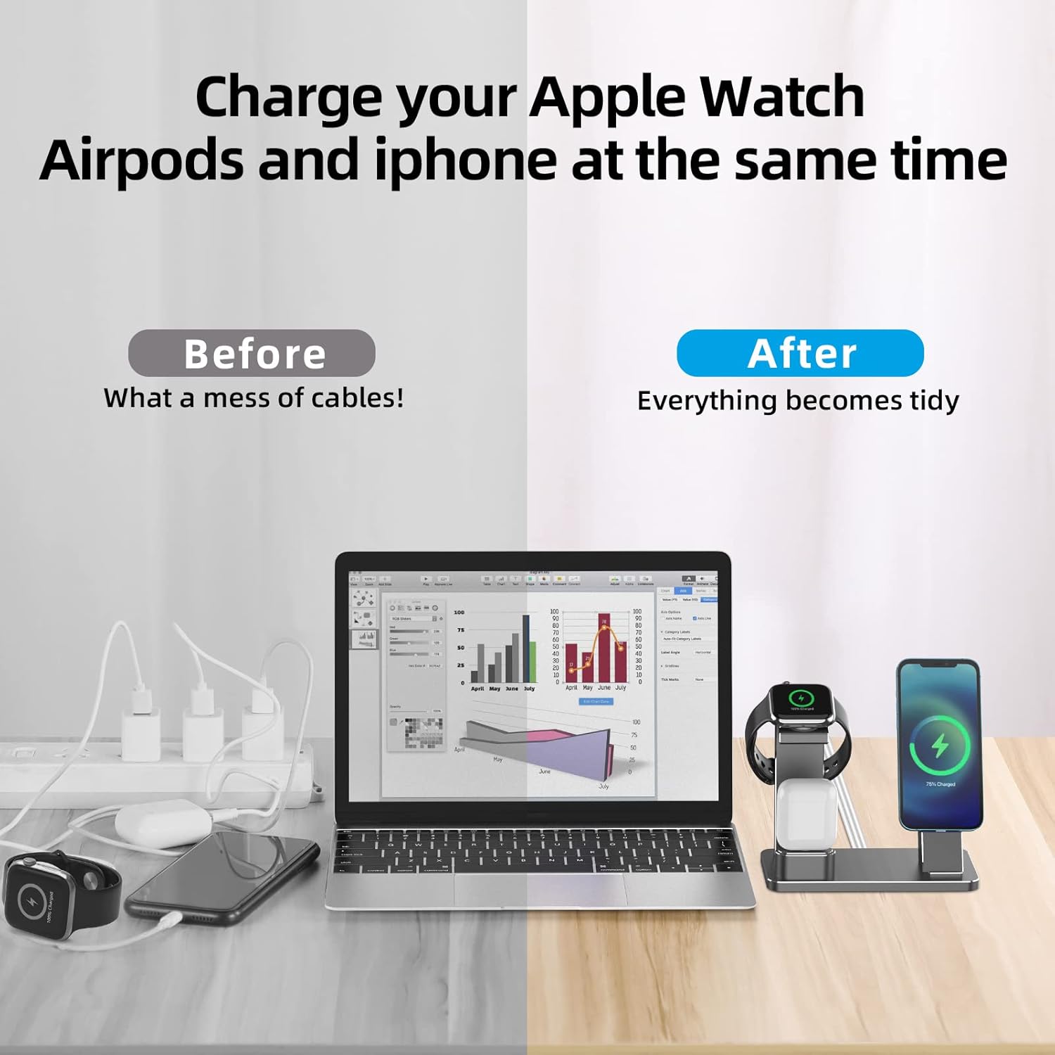 Estación de carga para Apple Watch Phone Airpods – XUNMEJ 3 en 1 de aluminio para iPhone Series 987, AirPods iPhone Series (gris)