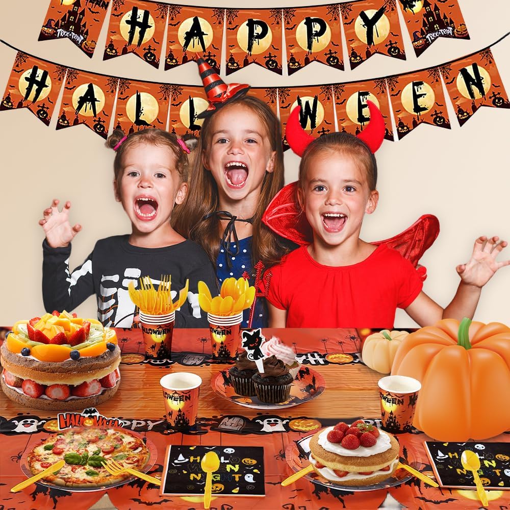 Juego de vajilla de 131 piezas para fiesta de Halloween, decoración de fiesta temática de Halloween, platos desechables de Halloween, servilletas,