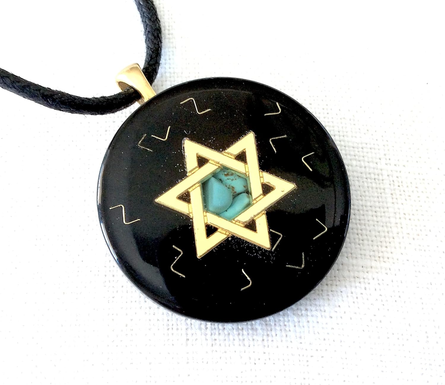 Orgone pendant necklace with golden Star of David, Turquoise & Black Tourmaline stones. Made in USA
