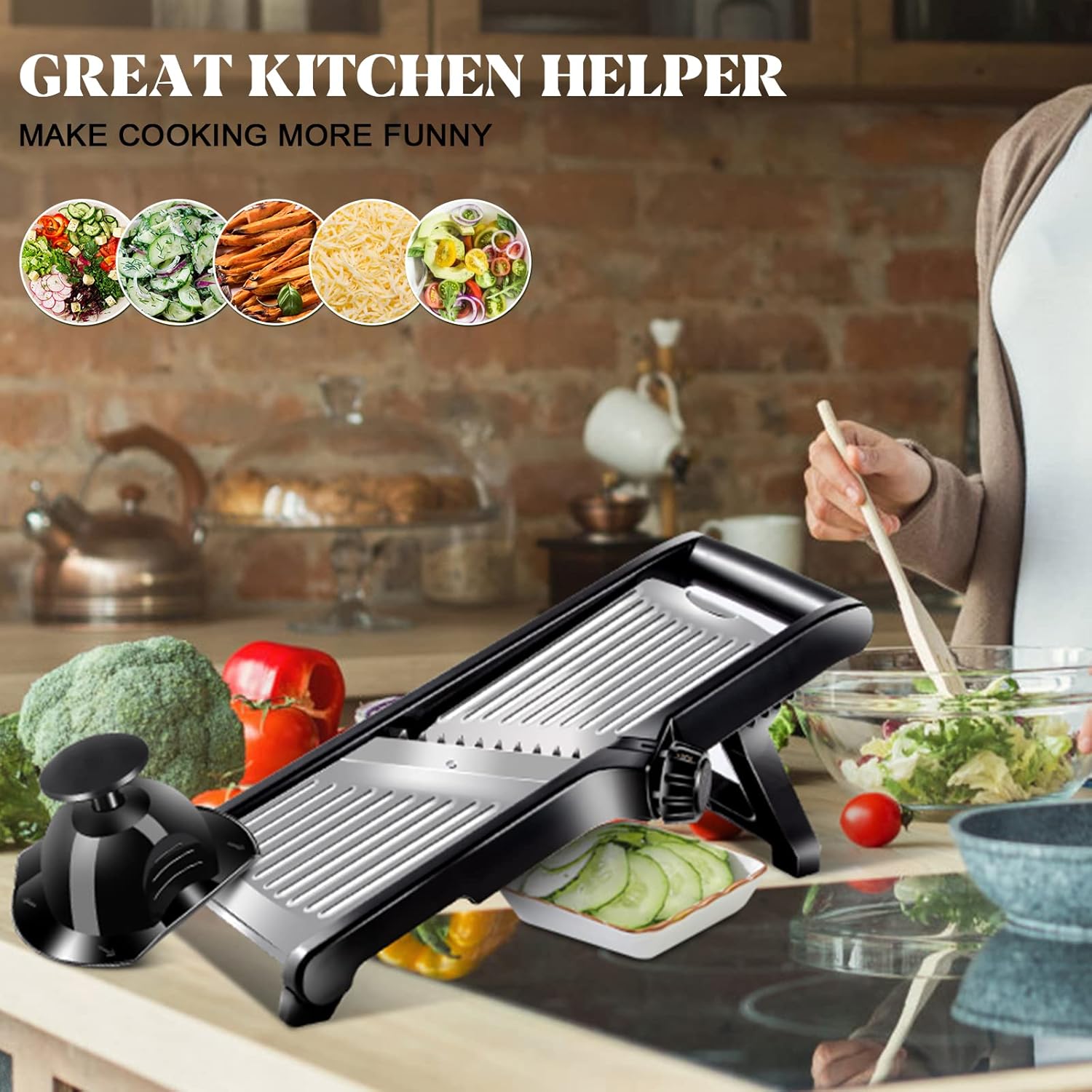 Almcmy Cortador de mandolina para cocina, cortador de alimentos de mandolina ajustable de acero inoxidable con guantes resistentes a cortes, picador