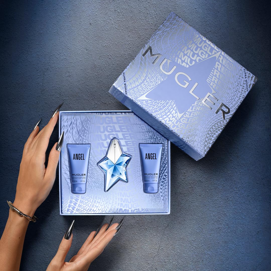 MUGLER Angel – Eau de Parfum – Set de regalo de perfume para mujer – Ambery & Woody – Con bergamota, praliné y pachulí – Fragancia de larga duración