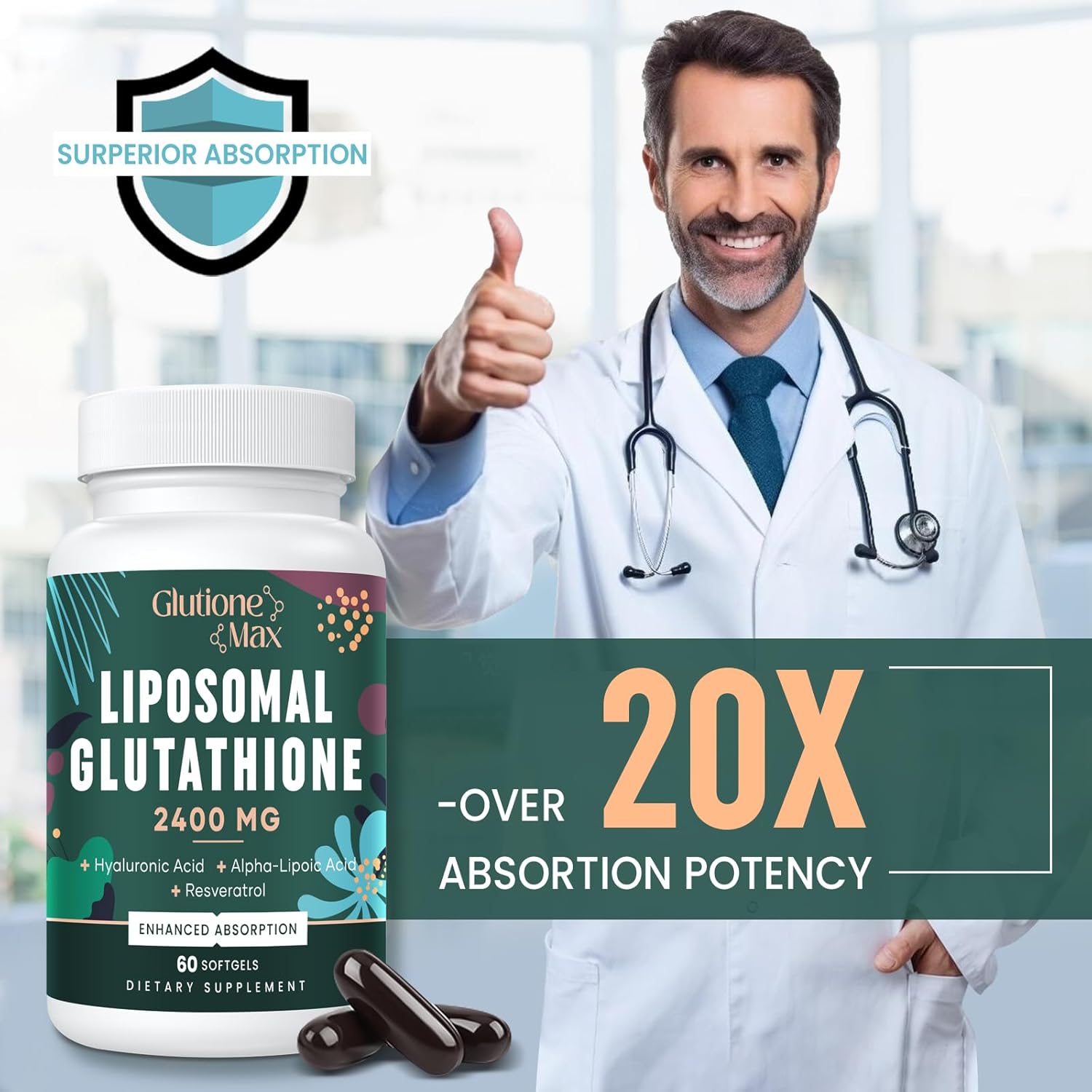 Glutatión liposomal de 2400 mg  Absorción máxima  Suplemento de glutatión con ácido hialurónico, resveratrol, L  glutatión reducido, antioxidante