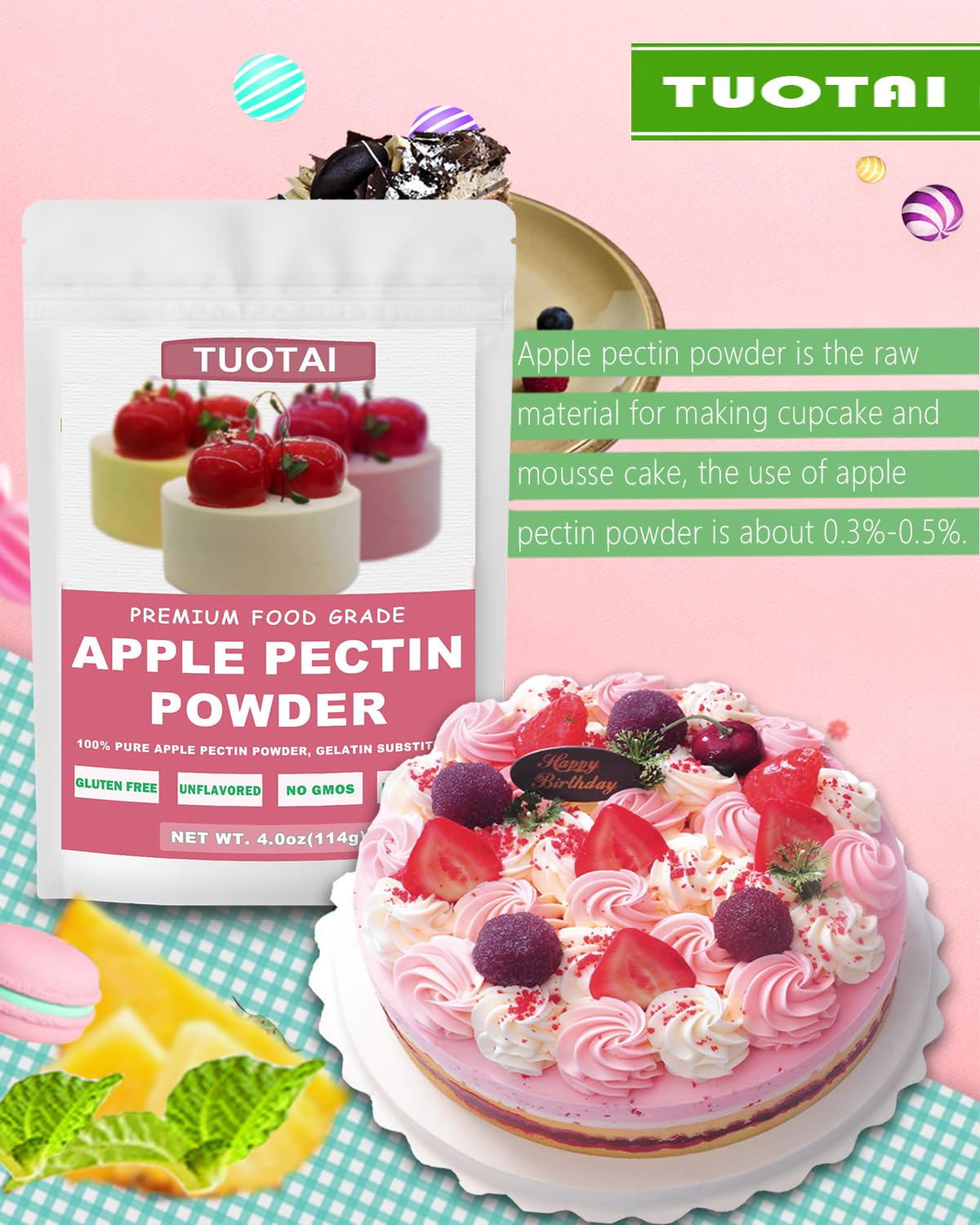 Pectina en polvo de manzana, 4 onzas, concentrado de frutas naturales espesante de alimentos para pasteles, gelatina y alimentos para hornear
