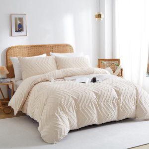 Nayoroom Juego de funda de edredón bohemia, tamaño Queen, color beige, con textura de cheurón, juego de ropa de cama de 3 piezas de microfibra Nayoroom Juego de funda de edredón bohemia, tamaño Queen, color beige, con textura de cheurón, juego de ropa de cama de 3 piezas de microfibra