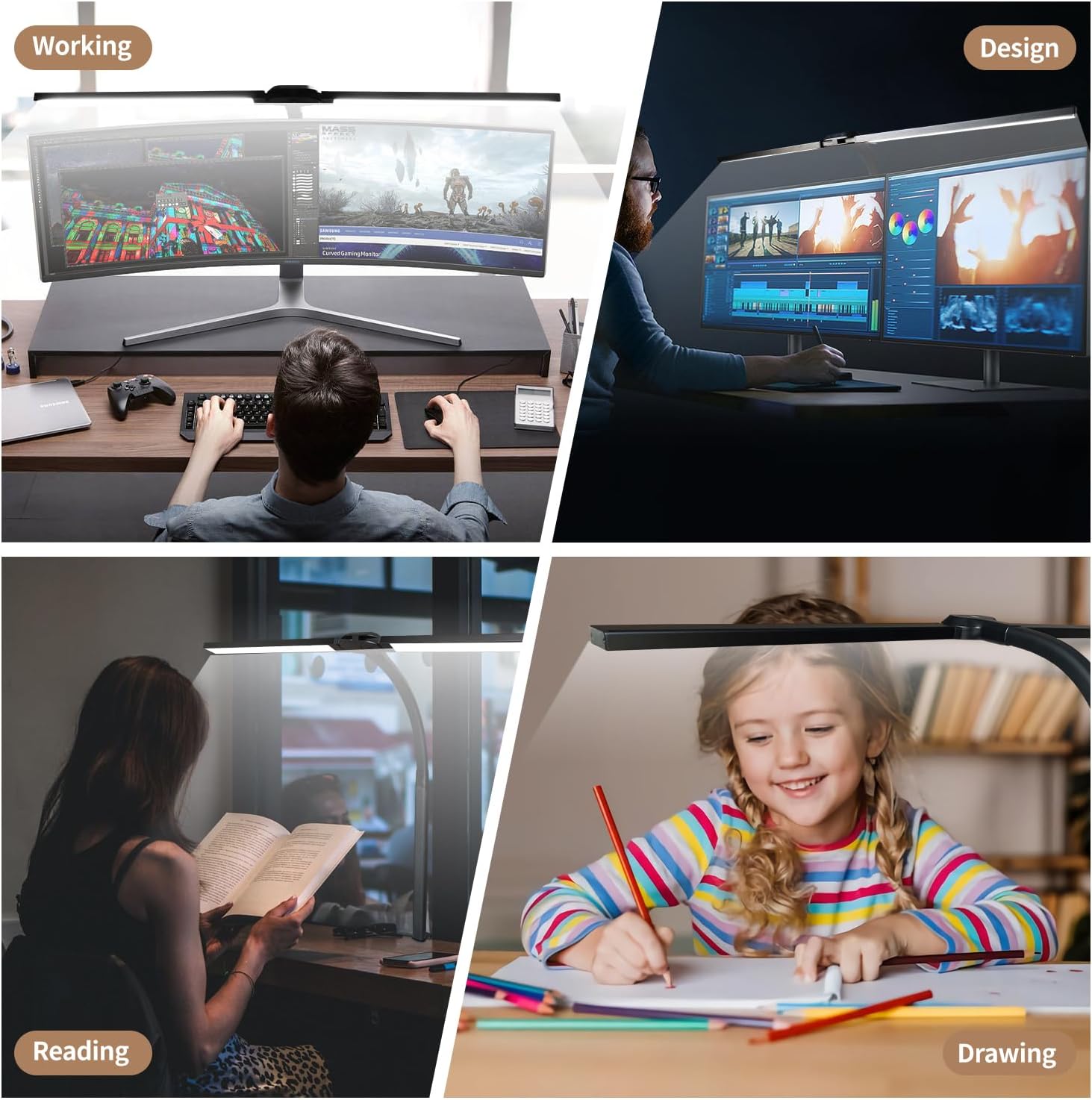 yiluhuanxiao Lámpara de escritorio LED para oficina y hogar, lámpara de doble cabezal con abrazadera con control remoto, cuidado de los ojos, cuello