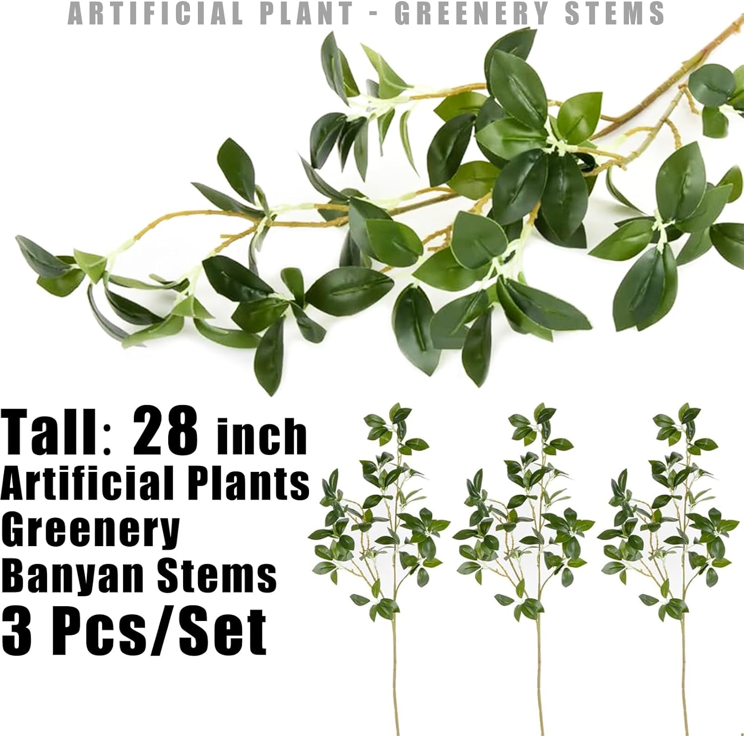 Tuxiaobu Plantas artificiales de 28 pulgadas, tallos de banyan verdes, ramitas de ficus falsas, tallos largos para bodas, fiestas, arreglos
